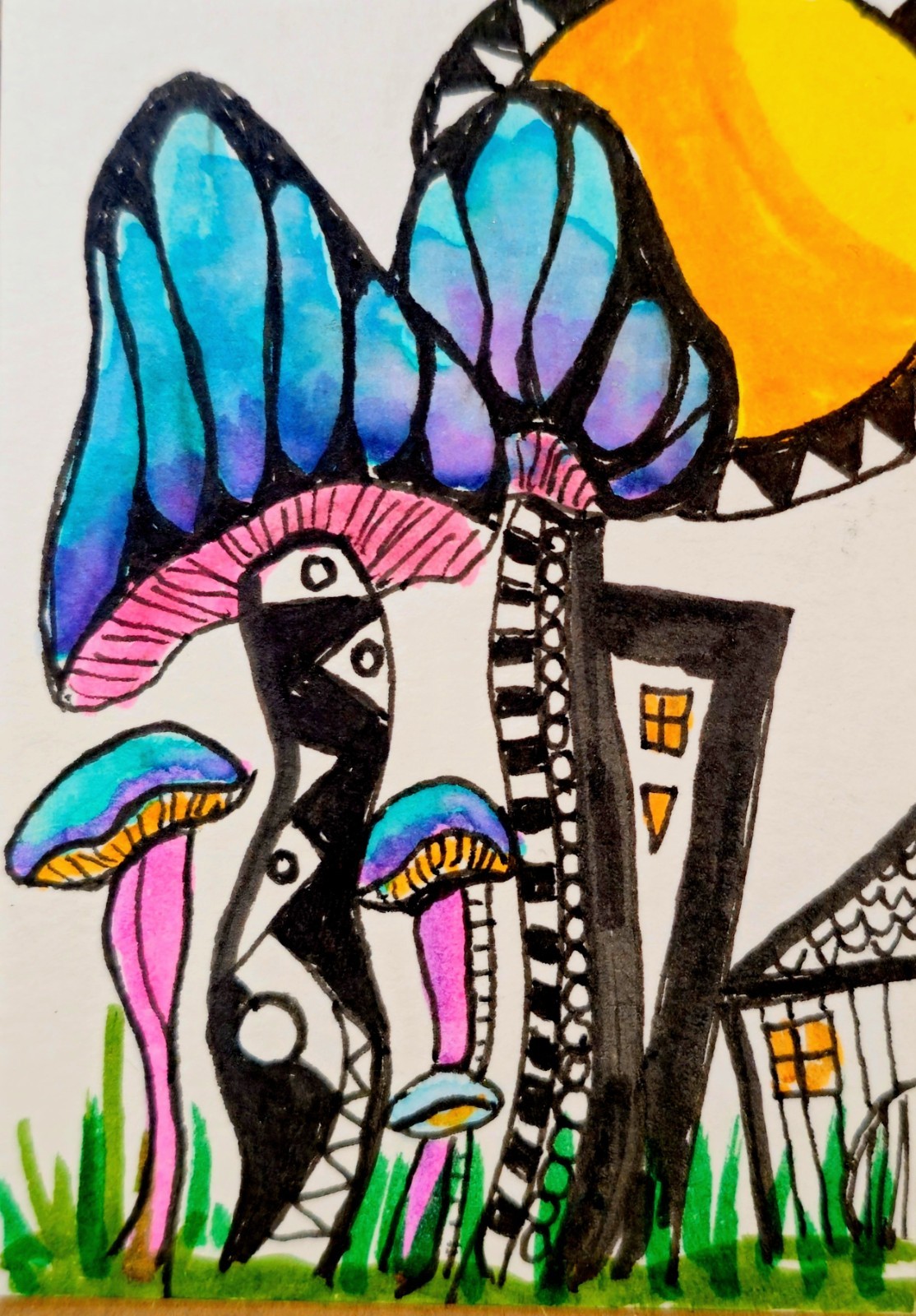 ACEO Miniature Art, Happy Hippy Mushrooms Series #4 of 100 By Kelly Herbold