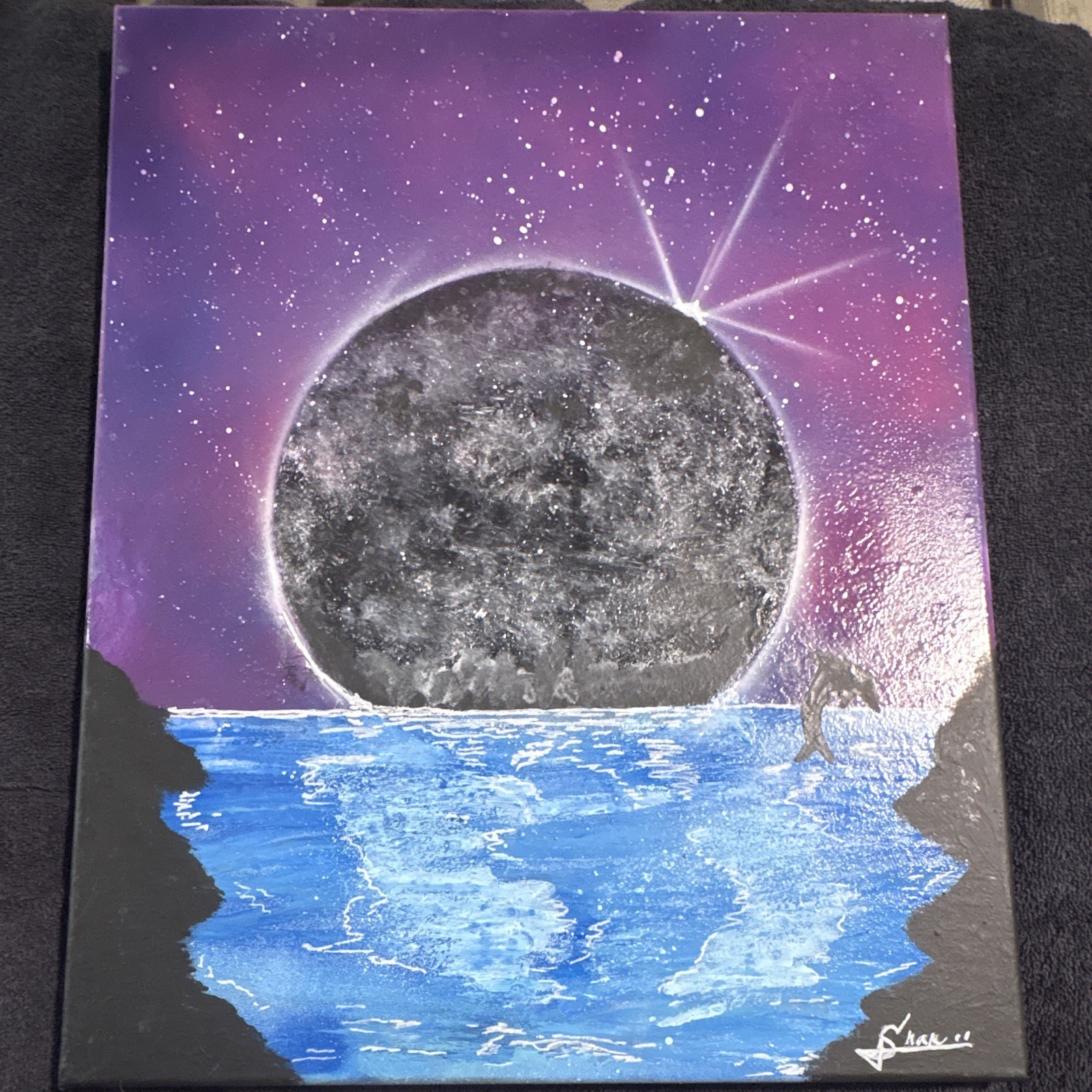 Shane Abstract Moonlit Dolphin Ocean Night Sky Acrylic Canvas Painting, Medium