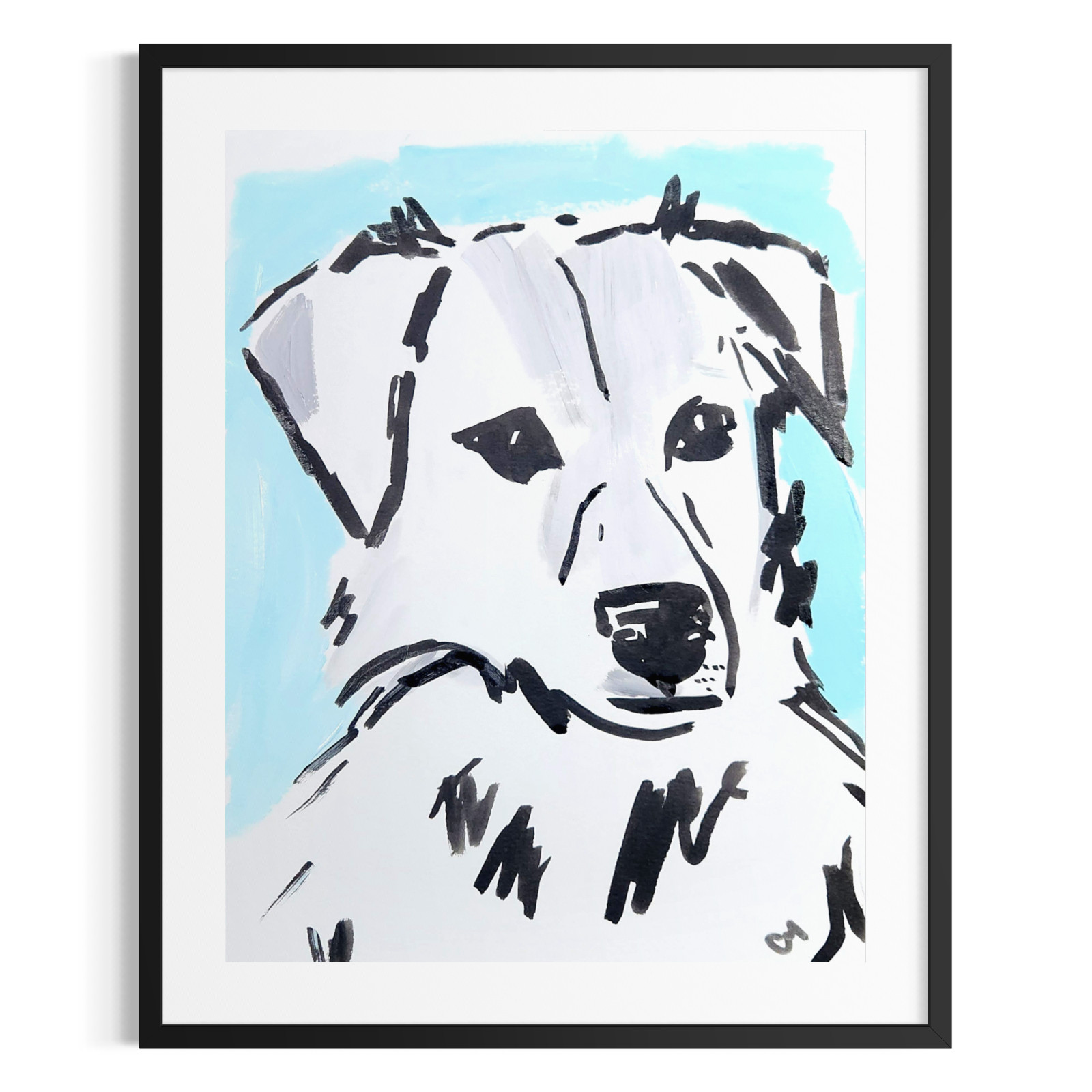 Original Abstract Acrylic 9×12 Dog Black White Blue Striking One of a Kind