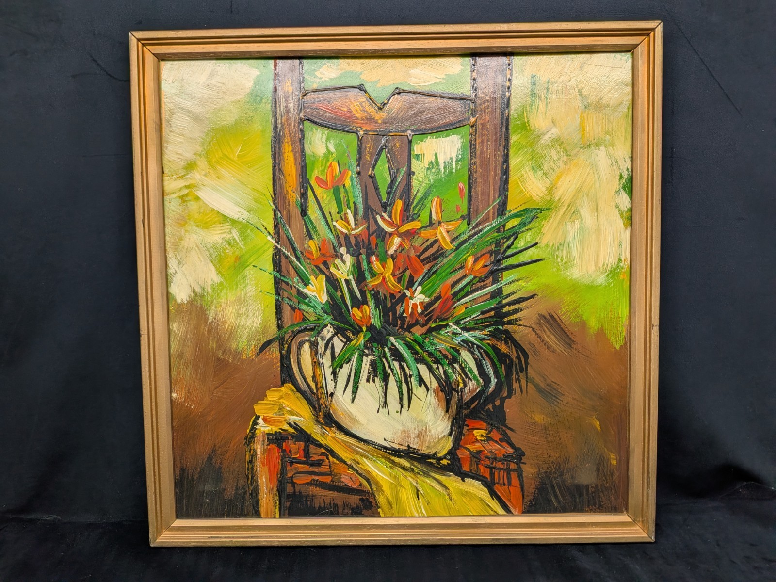 Vtg Impressionist Oil Painting Chair Floral Framed 70’s Not Signed Retro 25×25