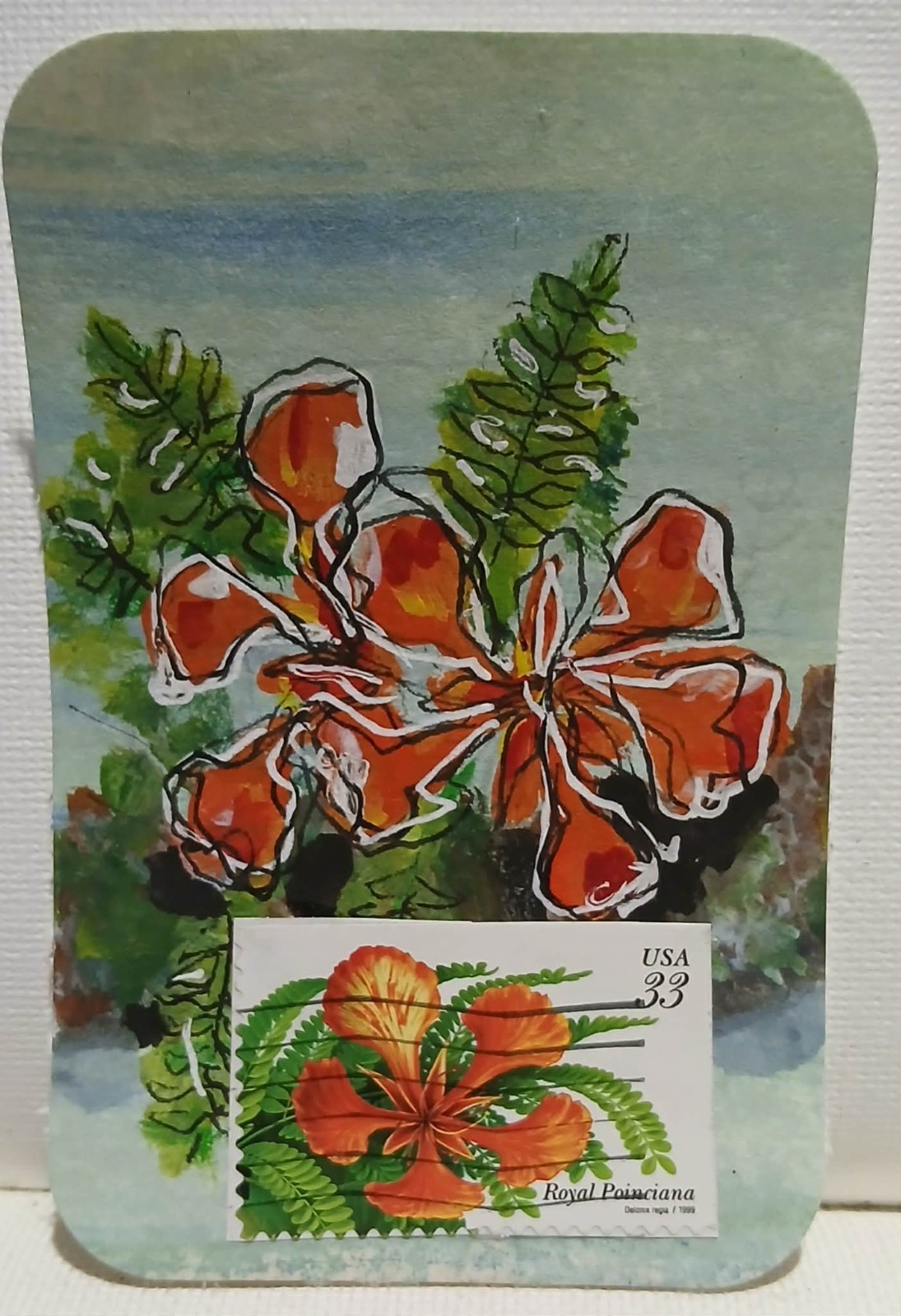 Flame on Bark OOAK ACEO Postal Whimsy Minis Royal Poinciana Forever stamp