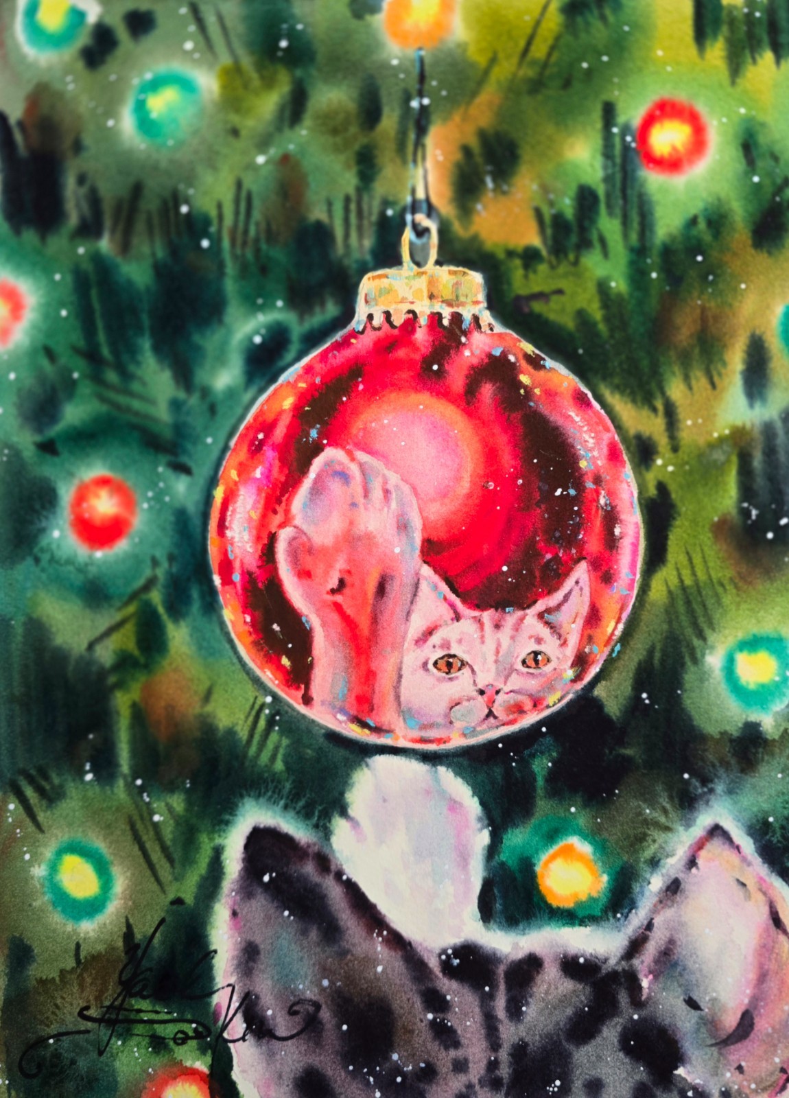 Original Watercolor Cat in Christmas Ornament Art – Festive Holiday Art, 12″x9″