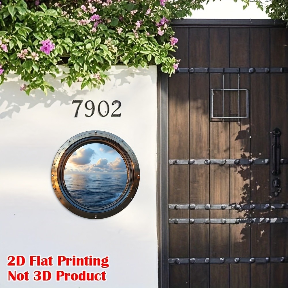 2D Flat Print 1x Vintage Seascape Window Theme Round Aluminum Wall Decor Plaque↗