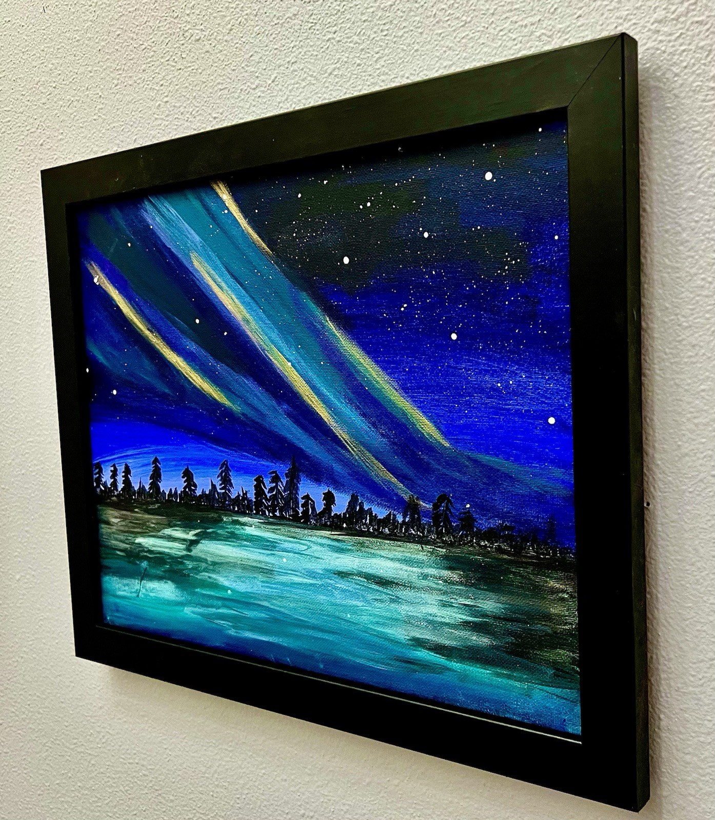 Original Northern Lights Acrylic Painting Framed Aurora Borealis Landscape