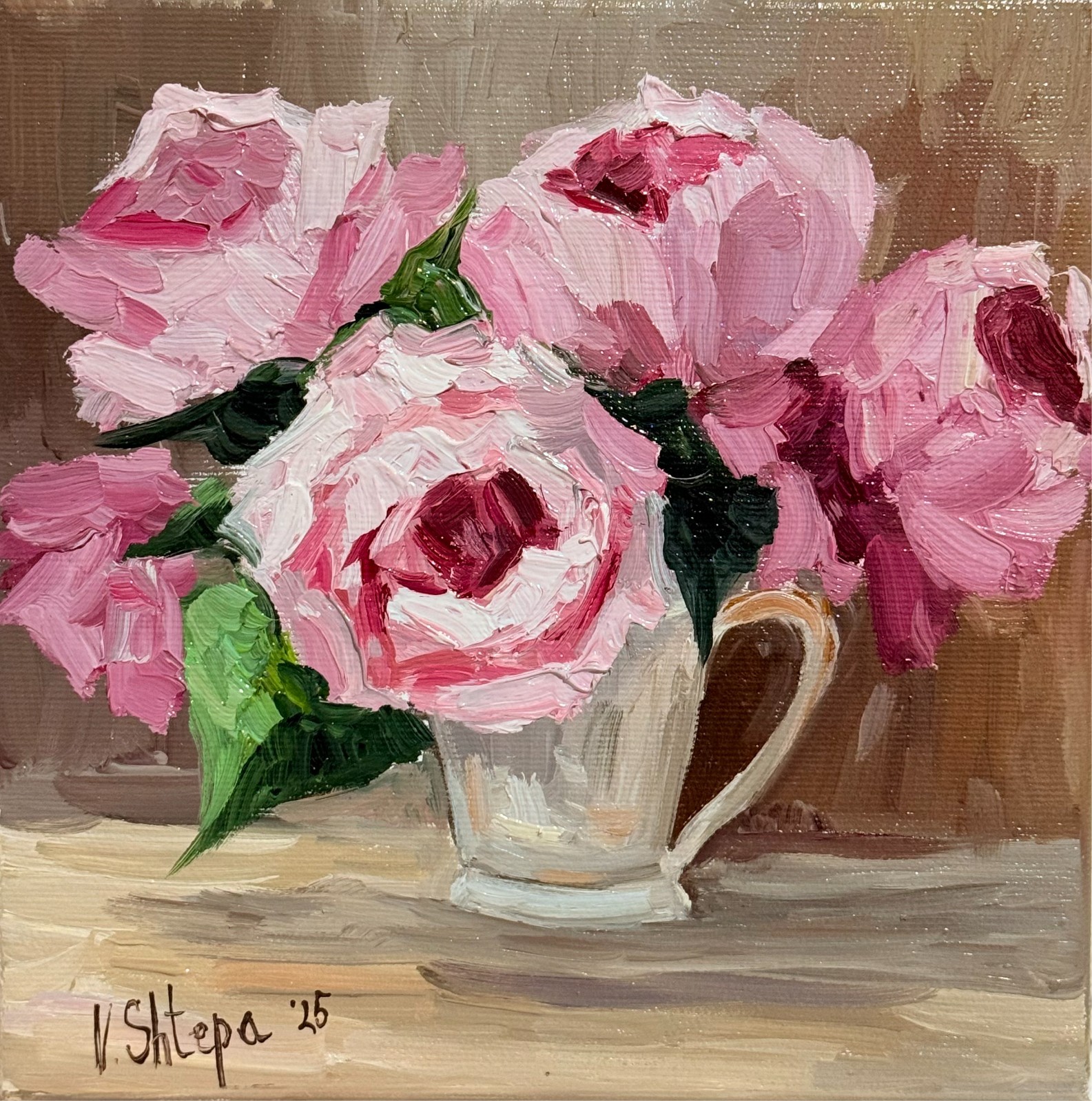 Original Oil Painting Pink Peonies Flowers Still life Cup Signed Art 8×8 in