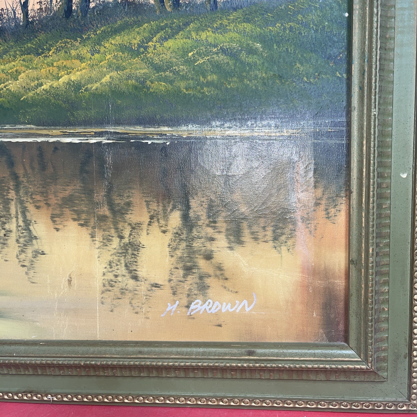 Vintage H. Brown Oil On Canvas Landscape Painting ART WORK Wood Frame 25”x36”