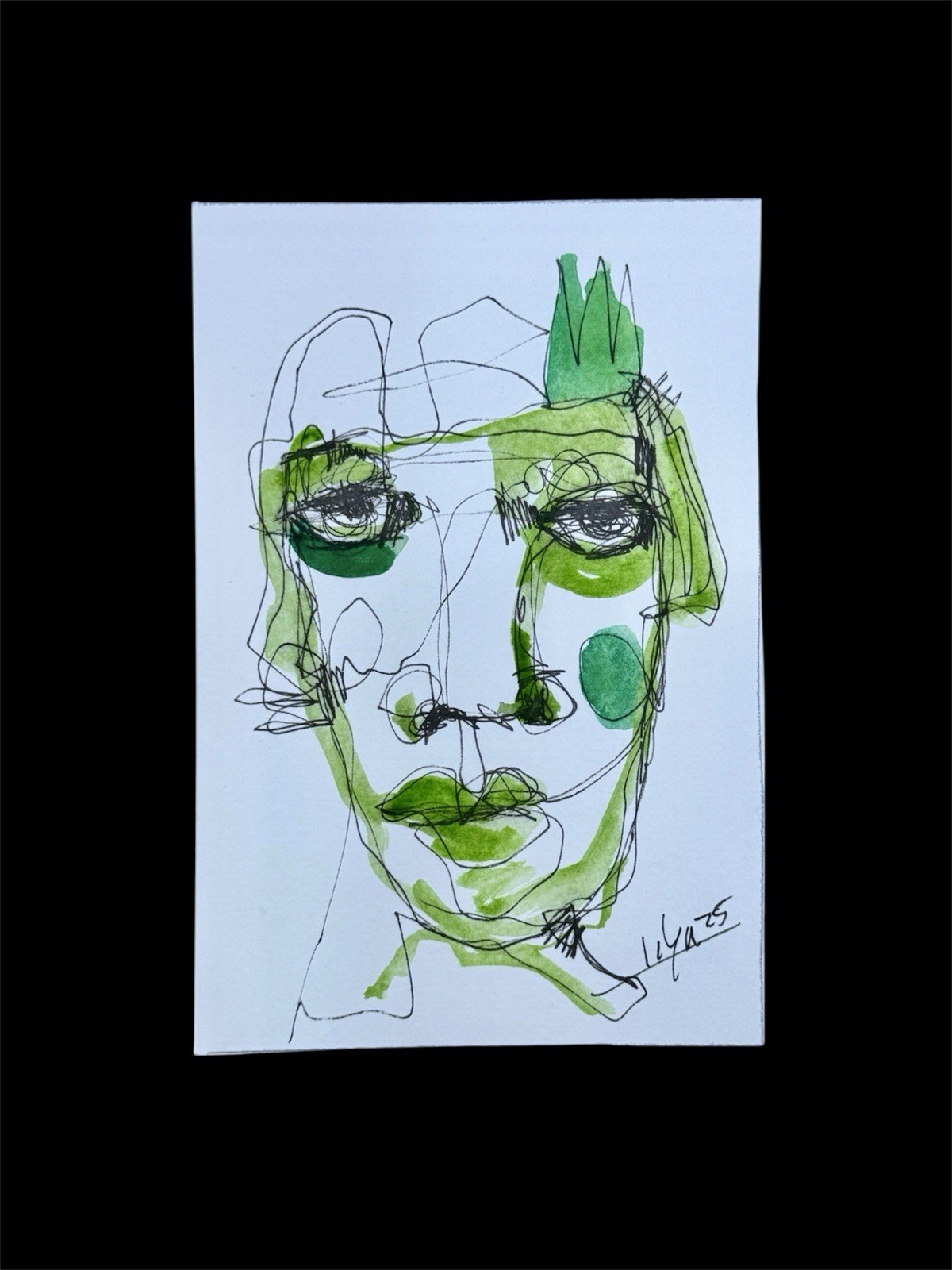Emerald Gaze – Original Ink & Watercolor on Canson 4×6” – Abstract Portrait Art