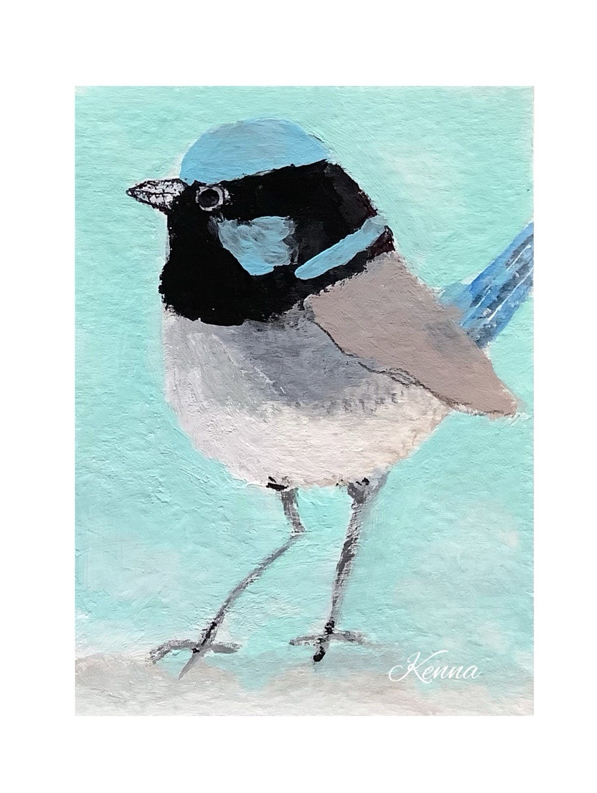 Aceo By Kenna Blue Fairy Wren Bird Painting 2.5” X 3.5” Signed Original
