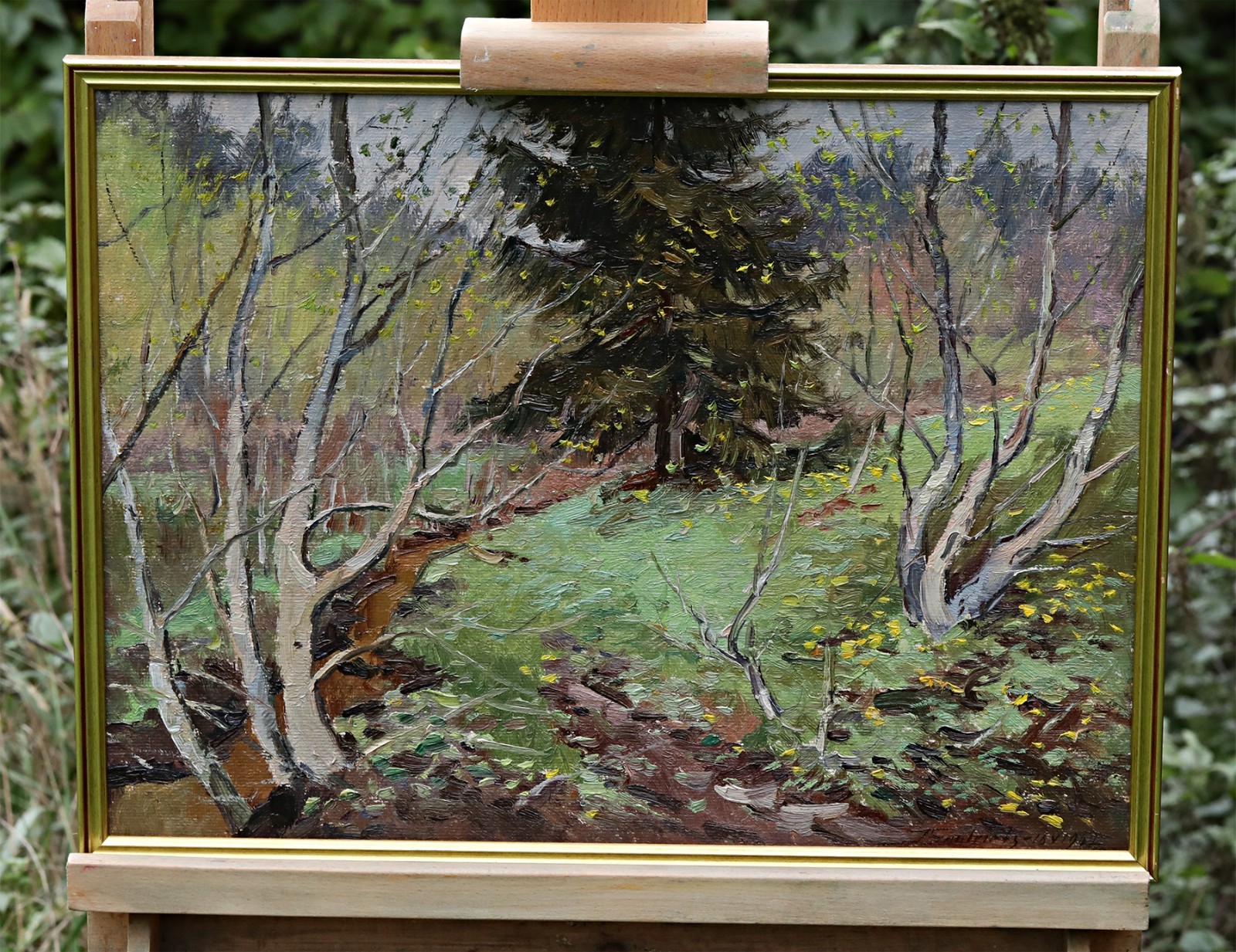 Oil On Cardboard Painting, Signed, Janis Saulriets, Woodland Landscape, Framed