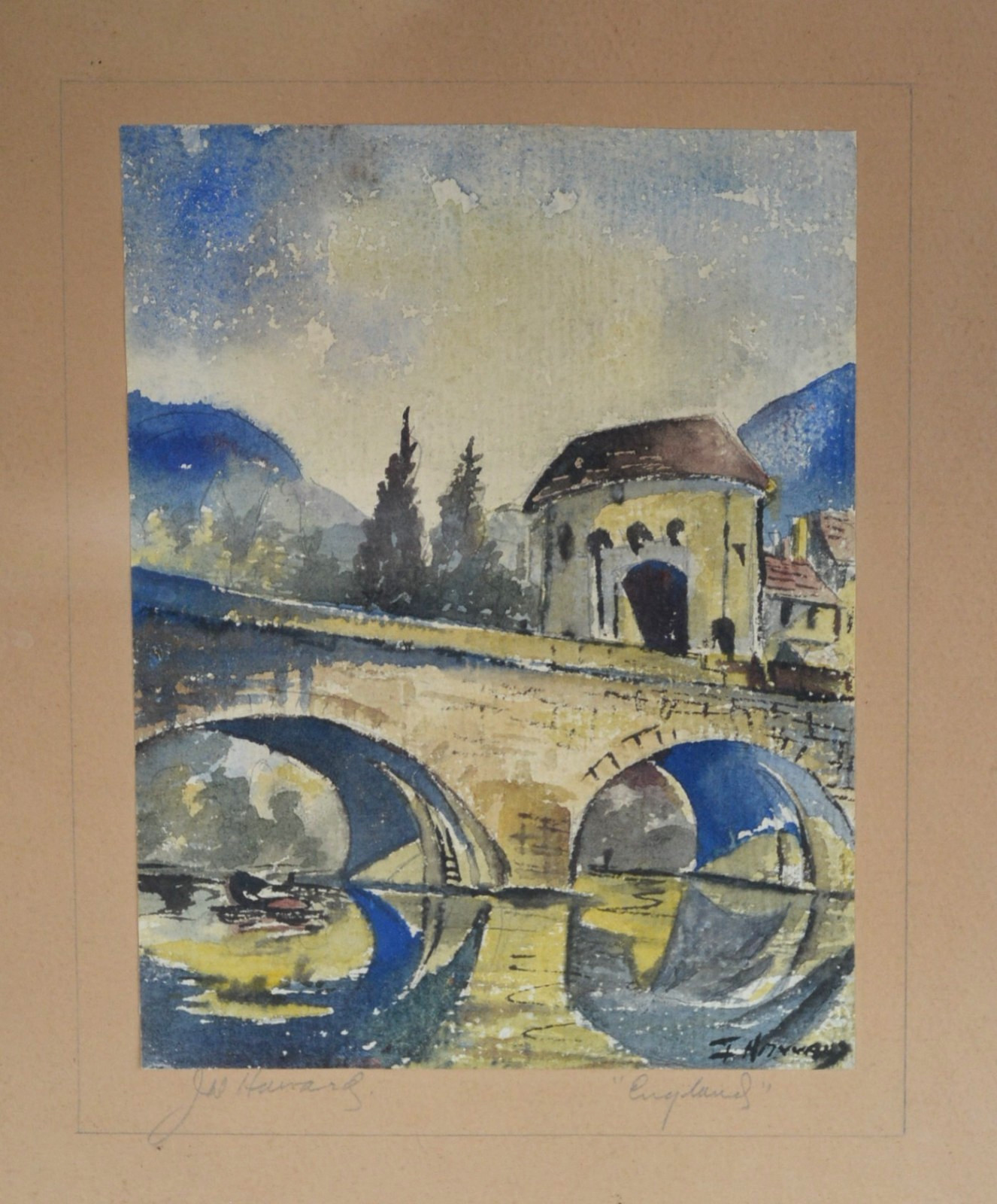 J Howard – Vintage Watercolor Painting – England Historic Aqueduct – Framed