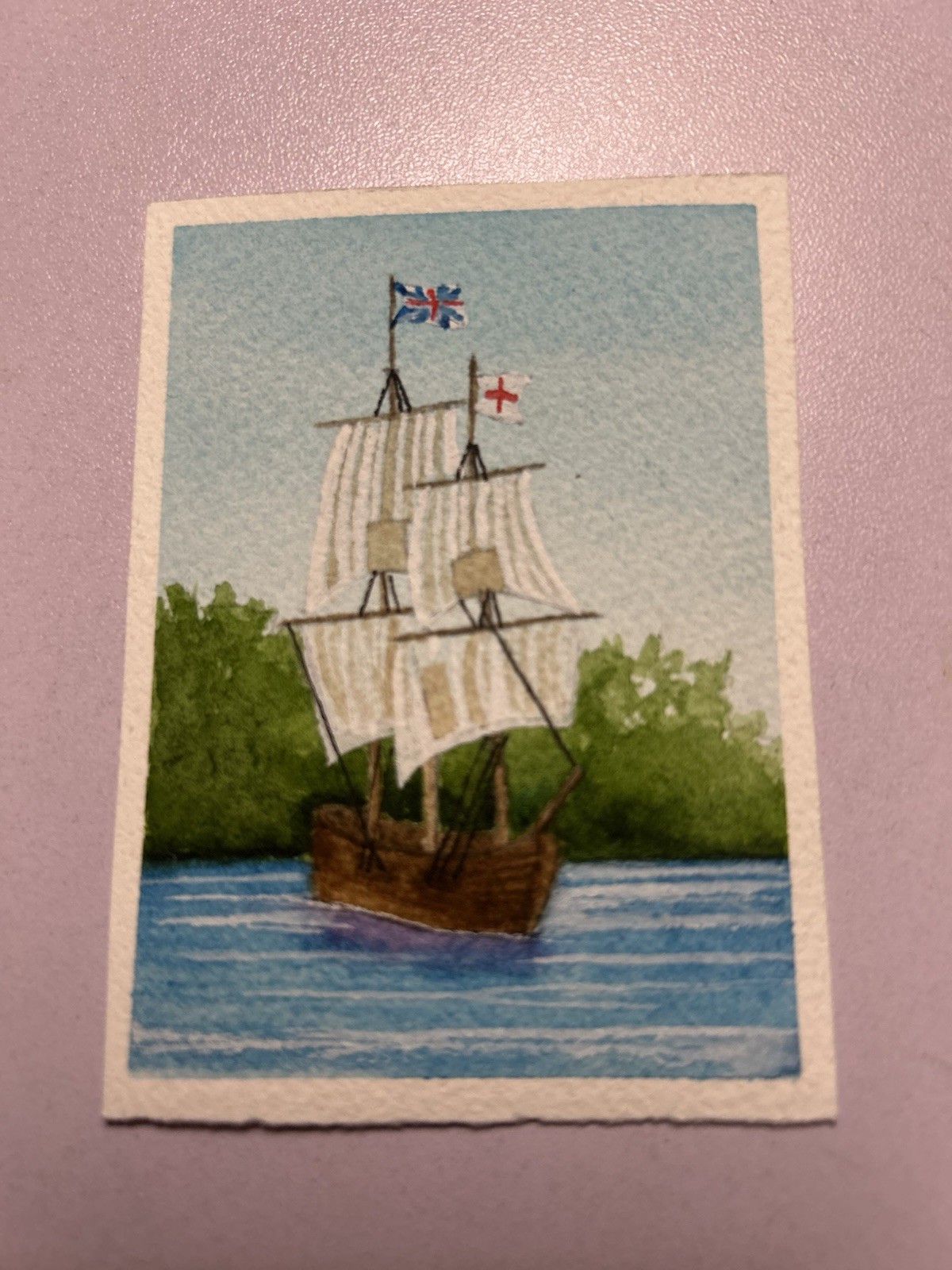 ACEO Art Card Original Hand-Painted Watercolor Painting Ship Red Sky In Morning