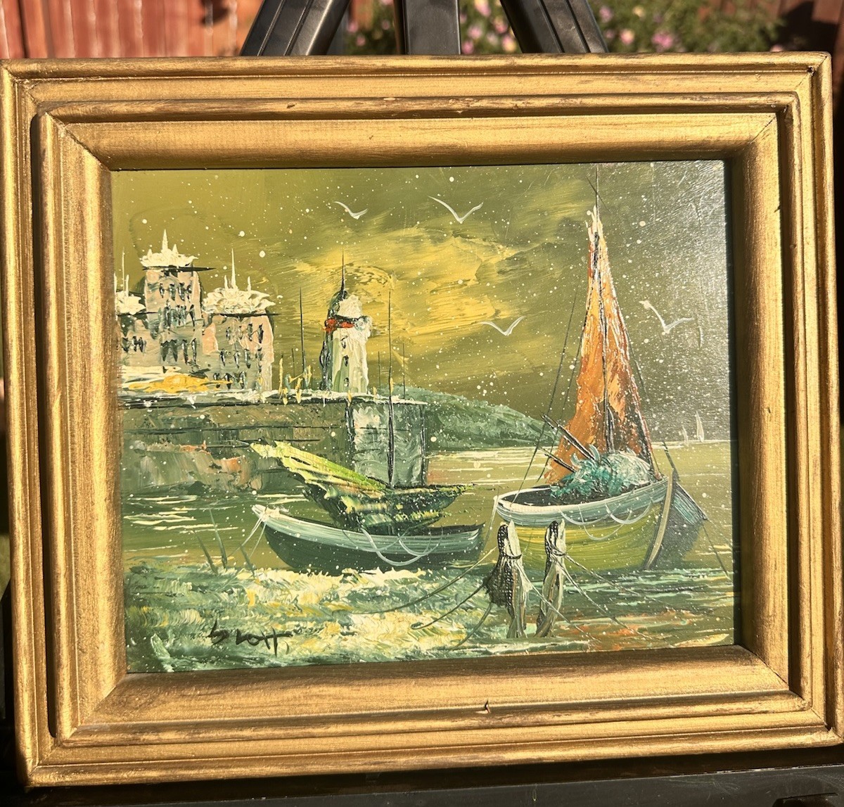 Original Oil On Masonite Seascape Nautical/SailBoats / Harbor Signed Framed 8×10