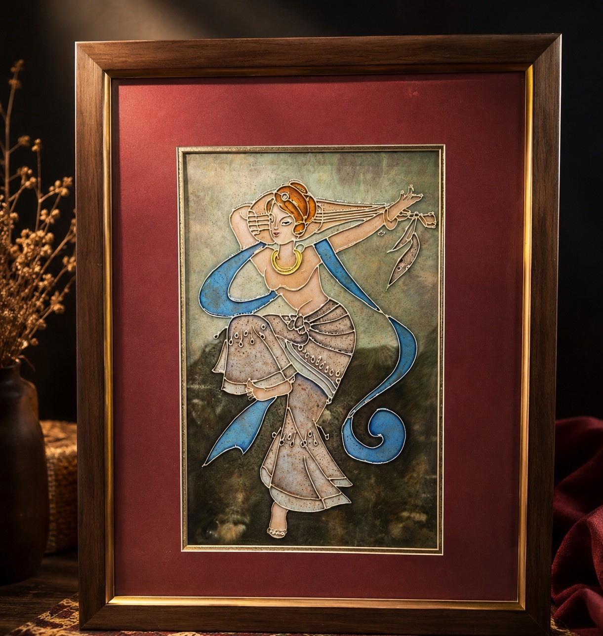 Vintage Asian Reverse Painted Glass Enamel Dancer Framed Wall Art 17.5” OBO