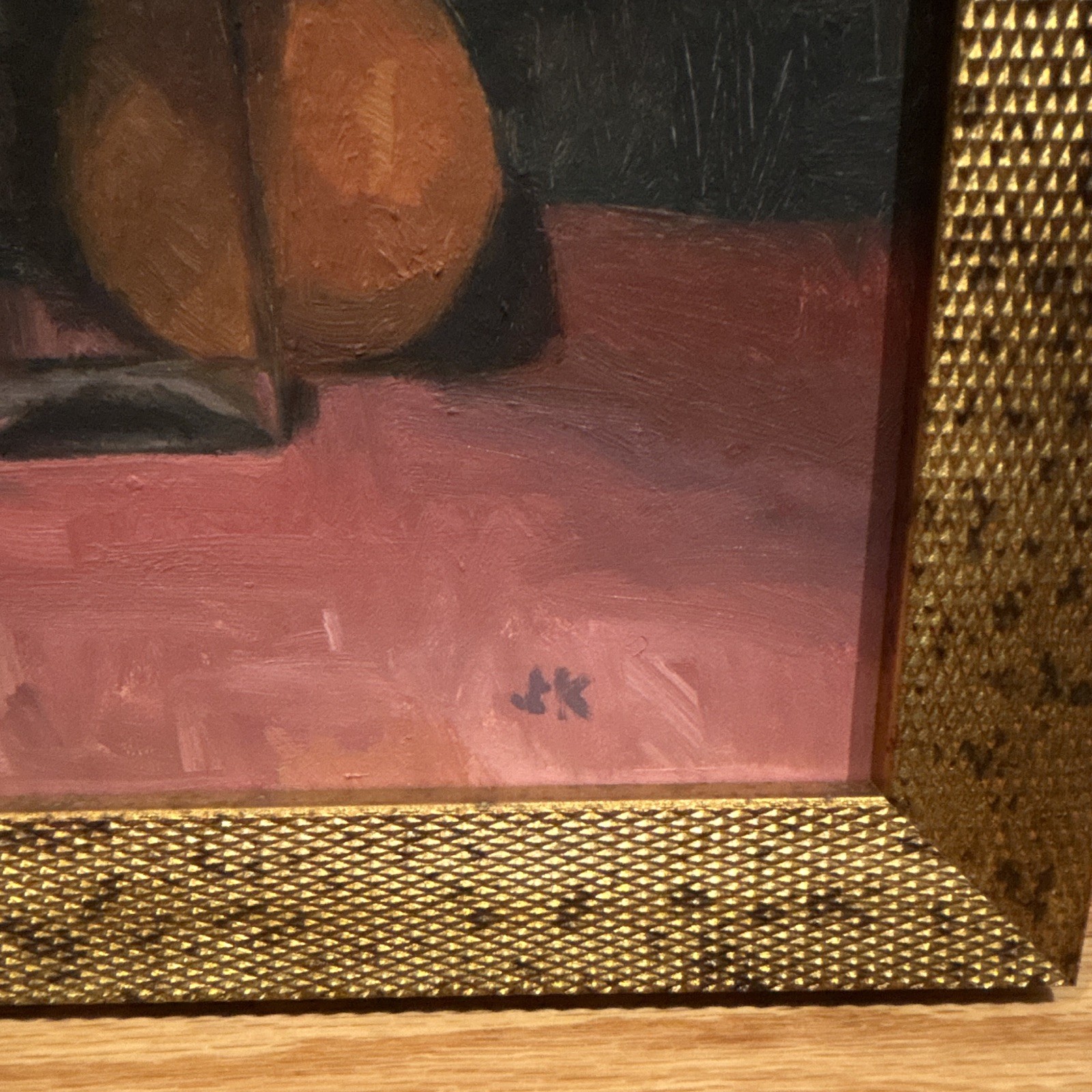 JK Signed Framed Still Life Painting w/ Fruit and Glass Bottle, Single Piece
