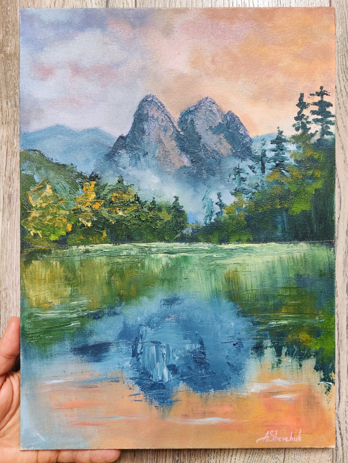 Mountain Landscape Original Oil Painting Forest Lake Art Hand Painted 13×9,8 in
