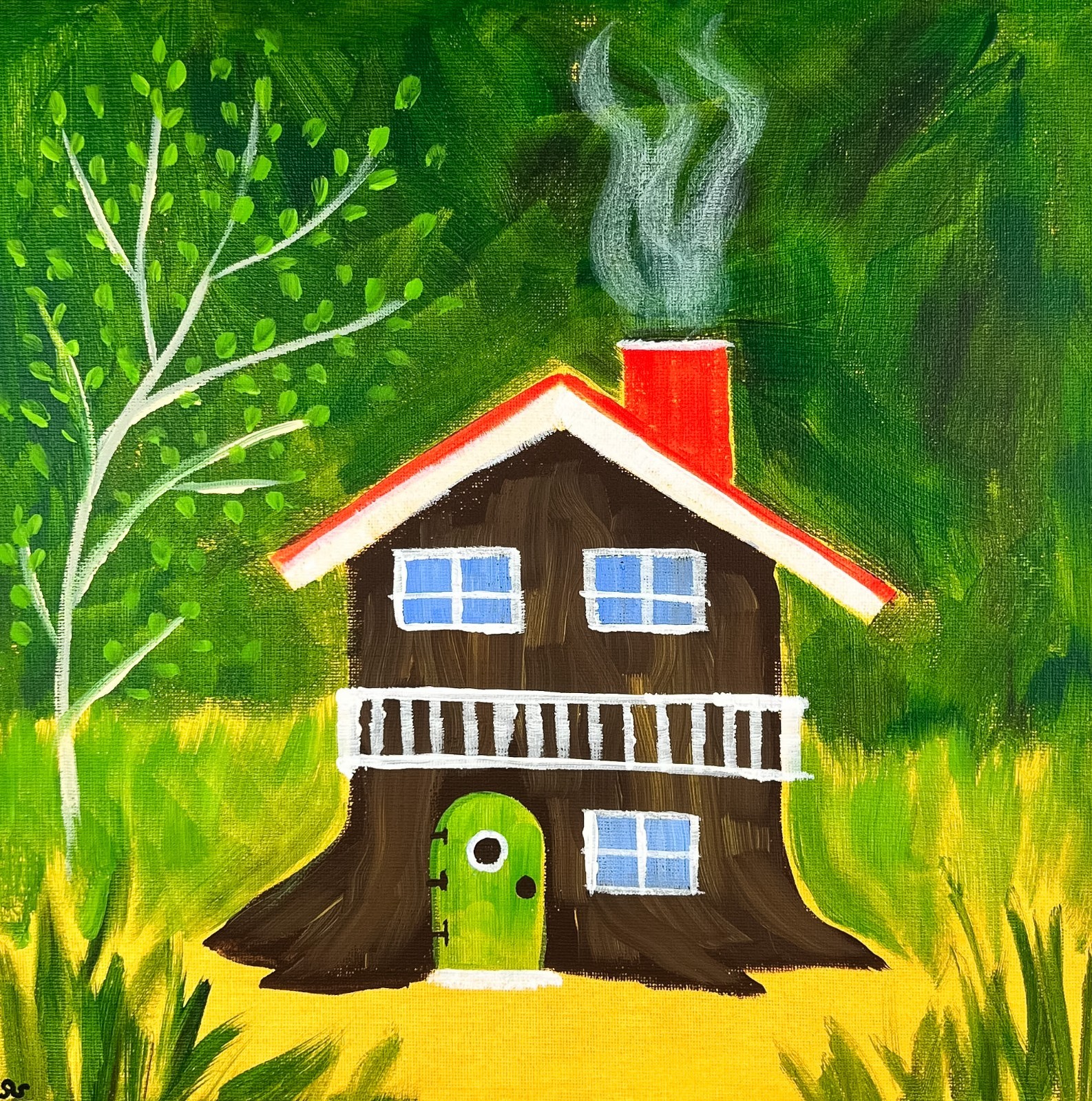 Fairy Cottage Original Fantasy Landscape Folk Art Painting Cottagecore SRA 12×12