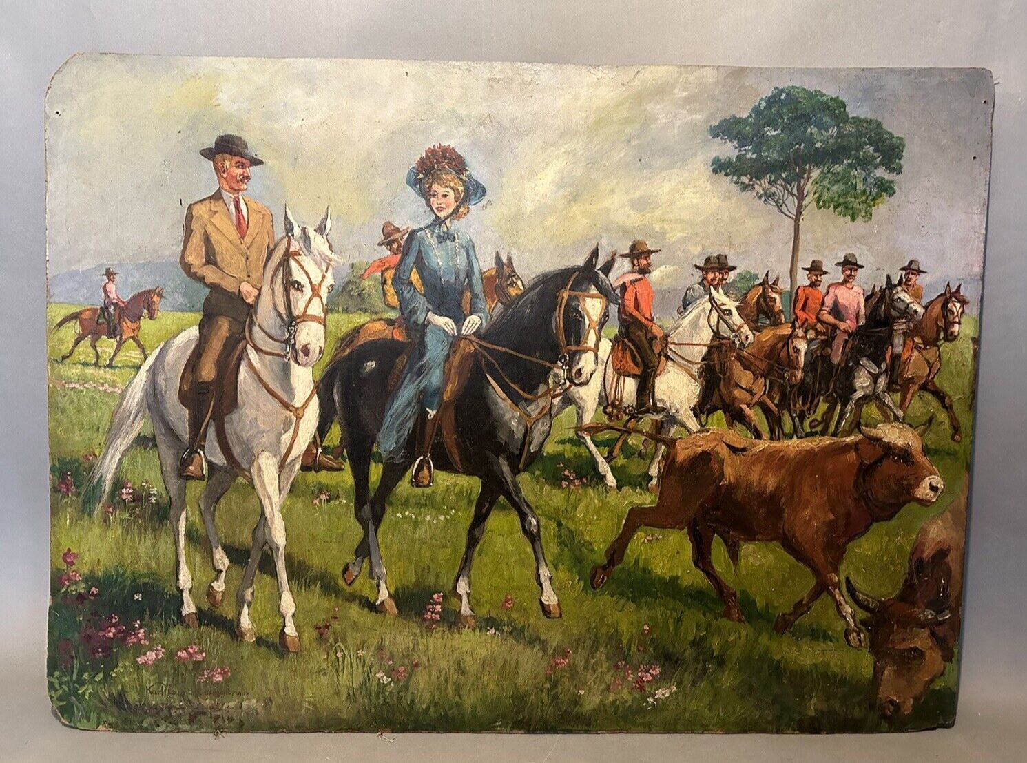 Primitive Antique Country Landscape Western Cowboys& Cows Oil Painting Newmann