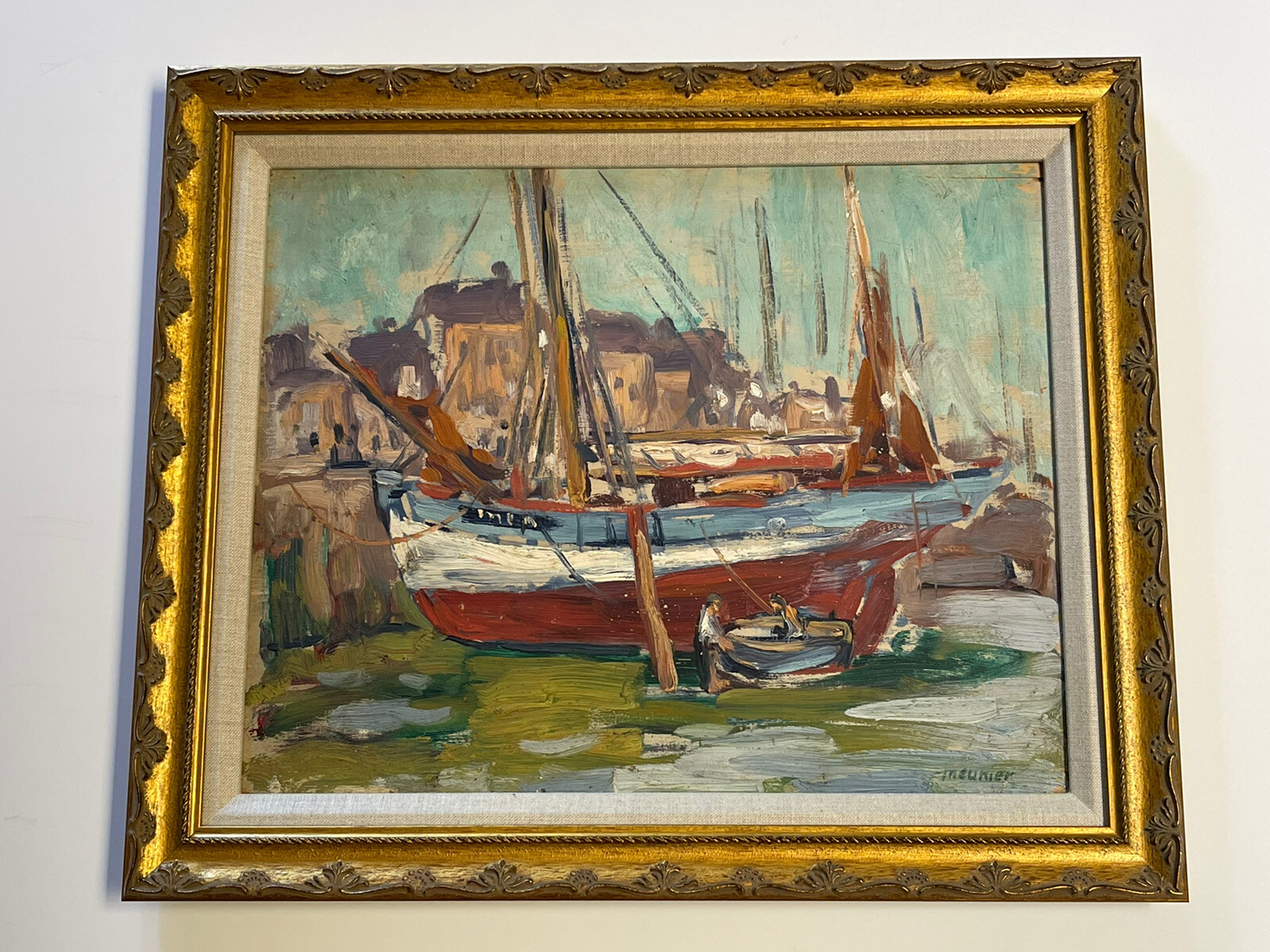 MEUNIER NAUTICAL MARINA VINTAGE ANTIQUE PLEIN AIR LANDSCAPE PAINTING COASTAL
