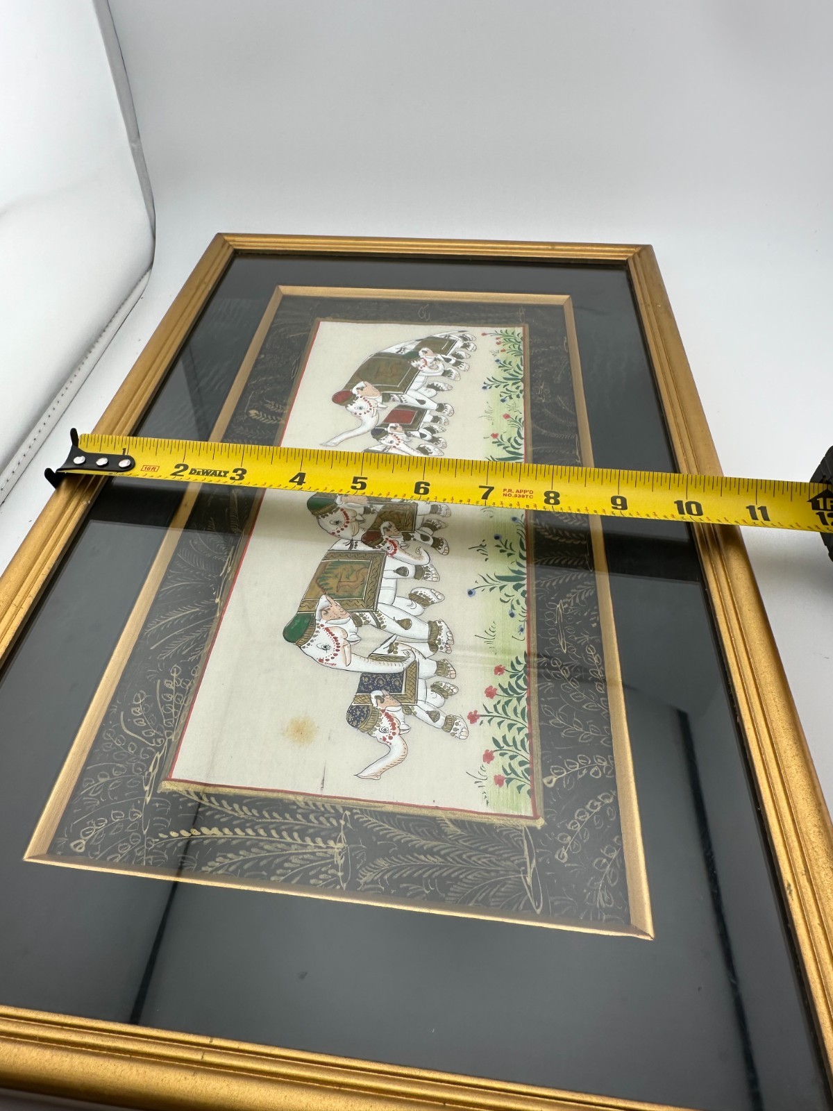 Framed Indian Miniature Elephant Procession Painting Silk Art Gold Frame 17 In