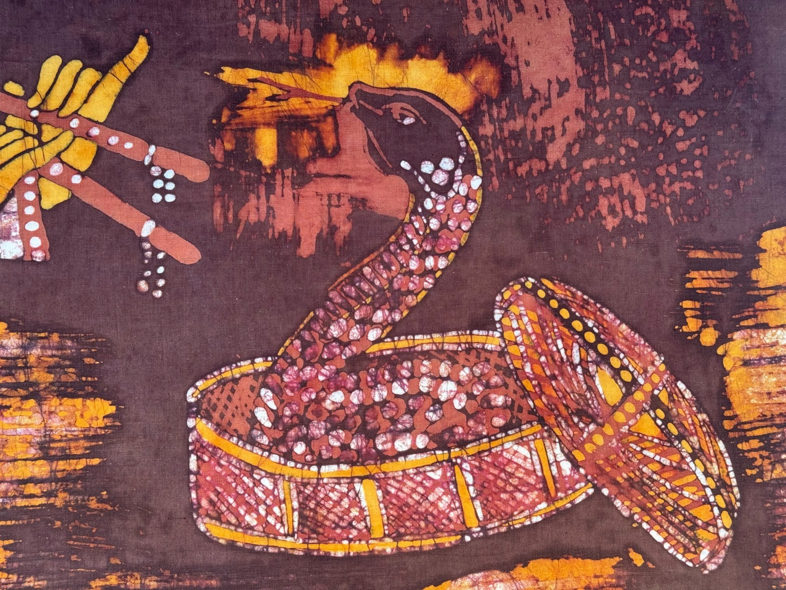 VINTAGE ORIGINAL ASIAN BATIK PAINTING SNAKE CHARMER COBRA INDIA MIDDLE EAST ART