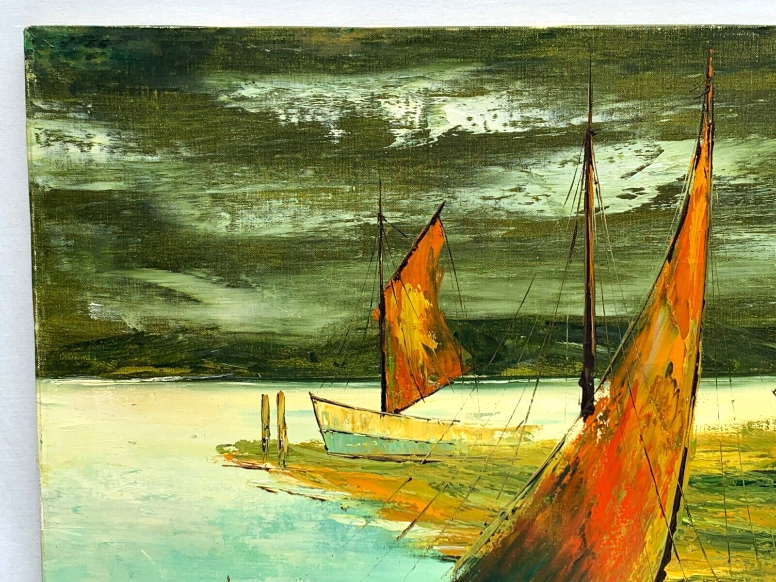 F LEE LARGE SEASCAPE OIL PAINTING SAND DOCKED FISHING BOAT PALETTE KNIFE IMPASTO