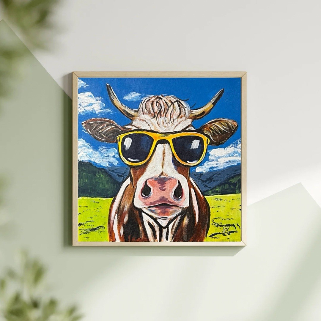 Whimsical Cow In Sunglasses Expressionist Art Acrylic 12×12” Canvas VLP Original