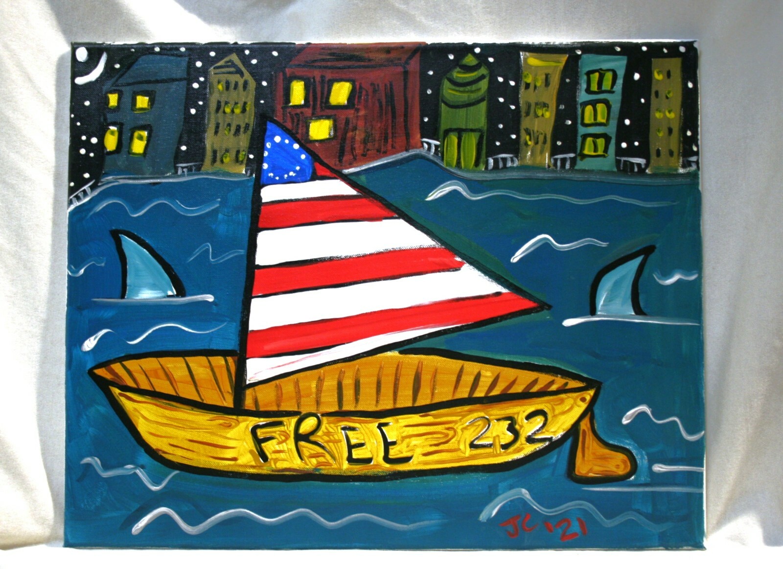 AMERICA FLAG SAILBOAT SHARKS Jr CHARLIE FAST PAINTING OUTSIDER FOLK POP ART USA