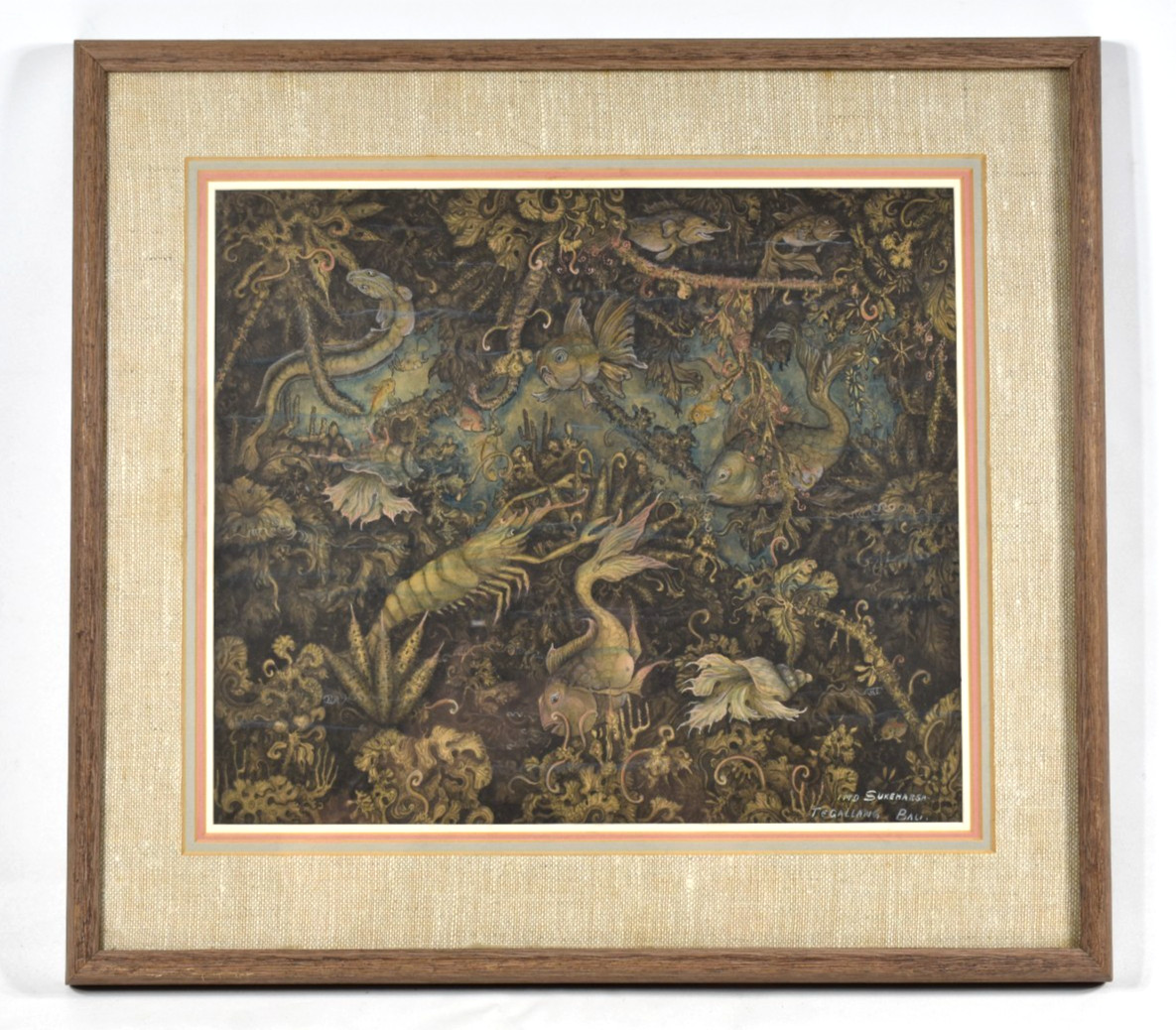 Vintage Balinese Batuan Painting Fish Sea Ocean Framed Signed Sukeharsa 16×17.5