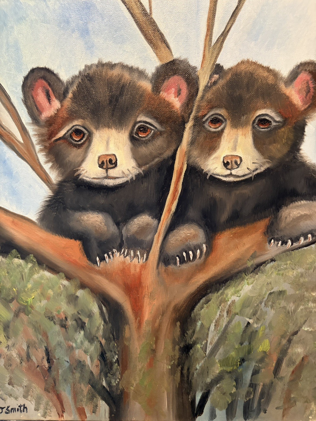Original oil painting 11 x 14 inch cute brown bear cubs – free shipping