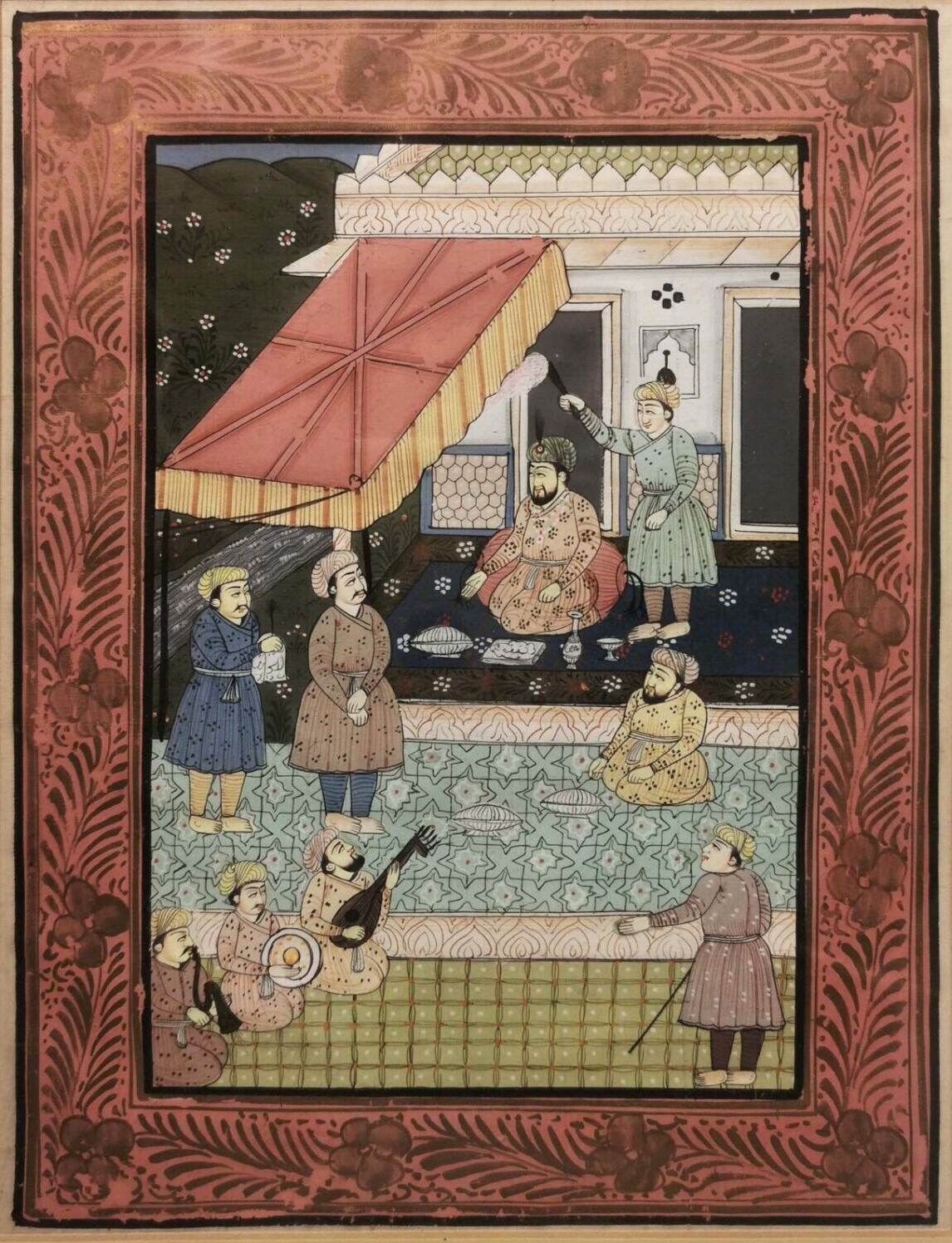EARLY 2OTH C INDIAN MUGHAL MINIATURE OPAQUE W/C MANUSCRIPT PAINTING PALACE SCENE