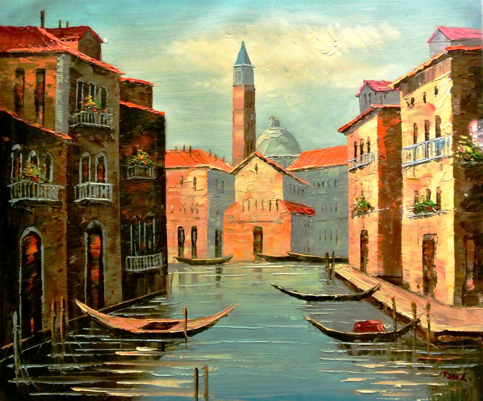 Tom L-«Daylight In Venice»-Orig Oil Painting on Canvas,Hand Signed by the Artist
