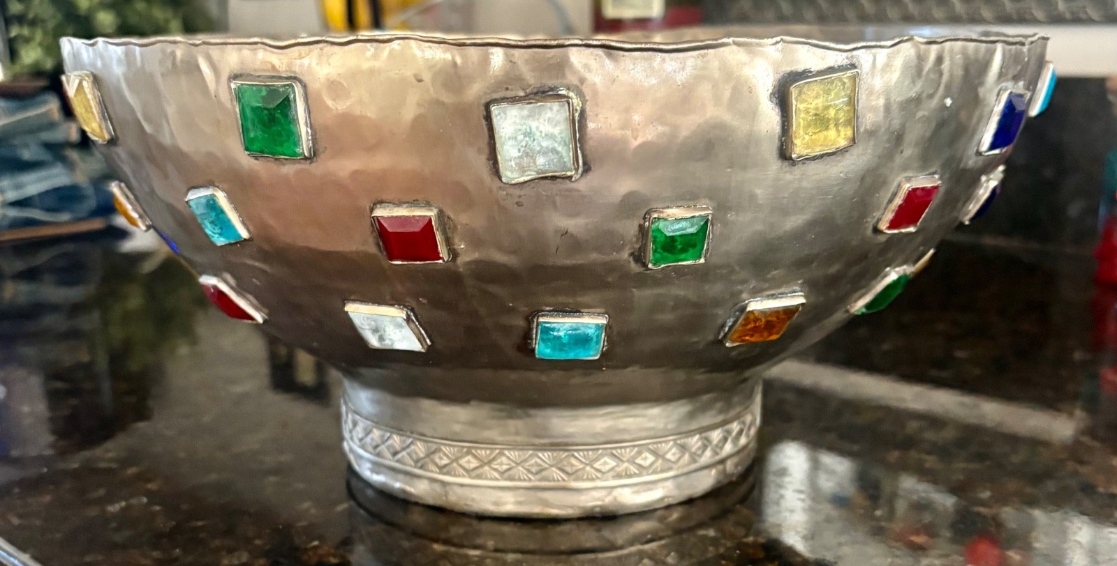 INTERLUDE HOME ENAMELED METAL HAMMERED VINTAGE STONE ENCASED BOWL