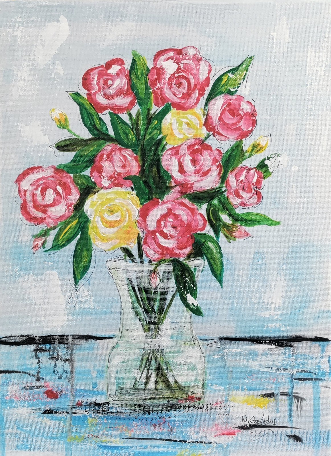 Original Expressionism 9 x 12 Roses in Vase Acrylic Canvas Painting