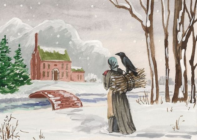 CROW RAVEN RYTA CHRISTMAS HOUSE PRINT OF PAINTING 5×7 HOUSE folk art landscape