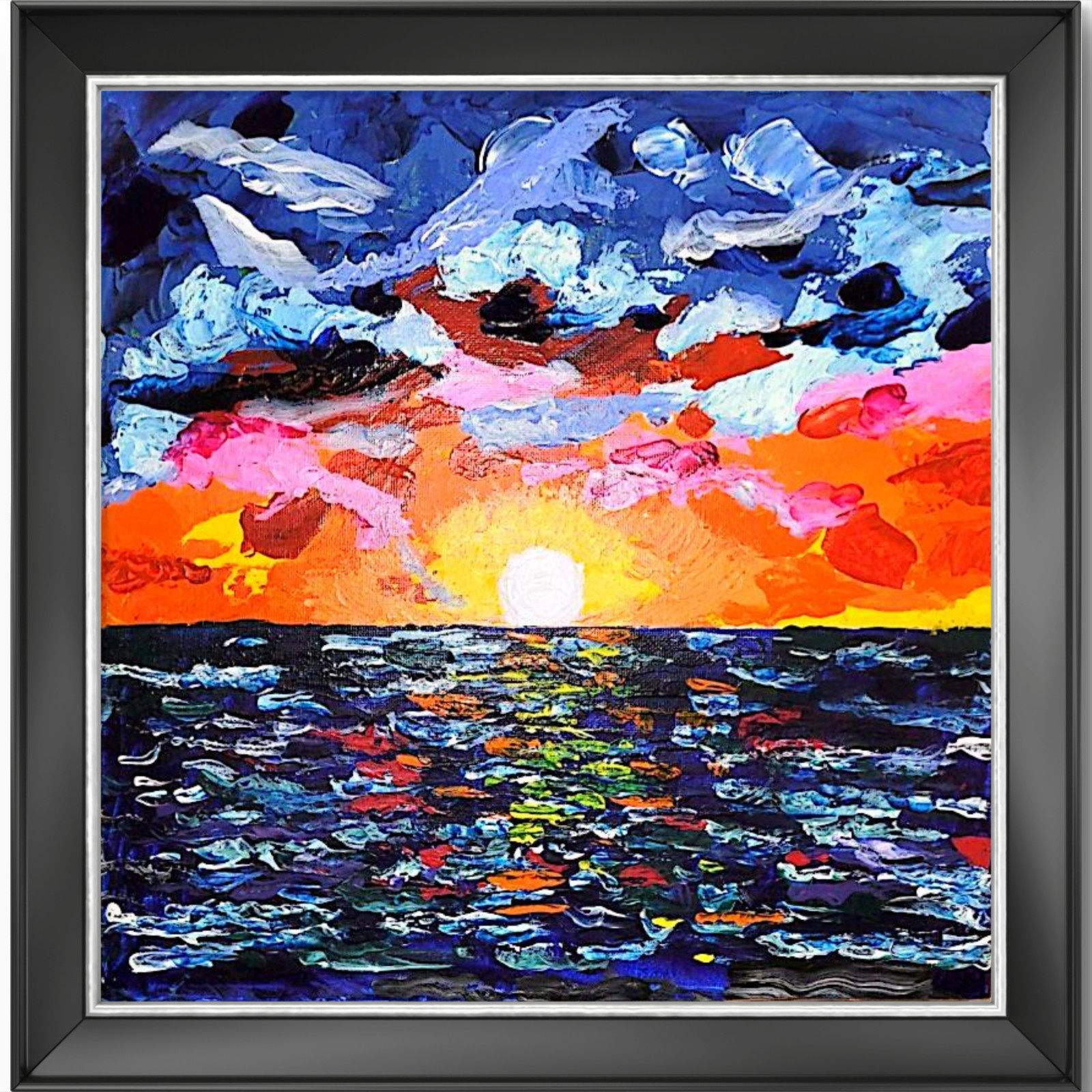 12×12 Original Sunset Seascape Textured Palette Knife Ocean Painting.