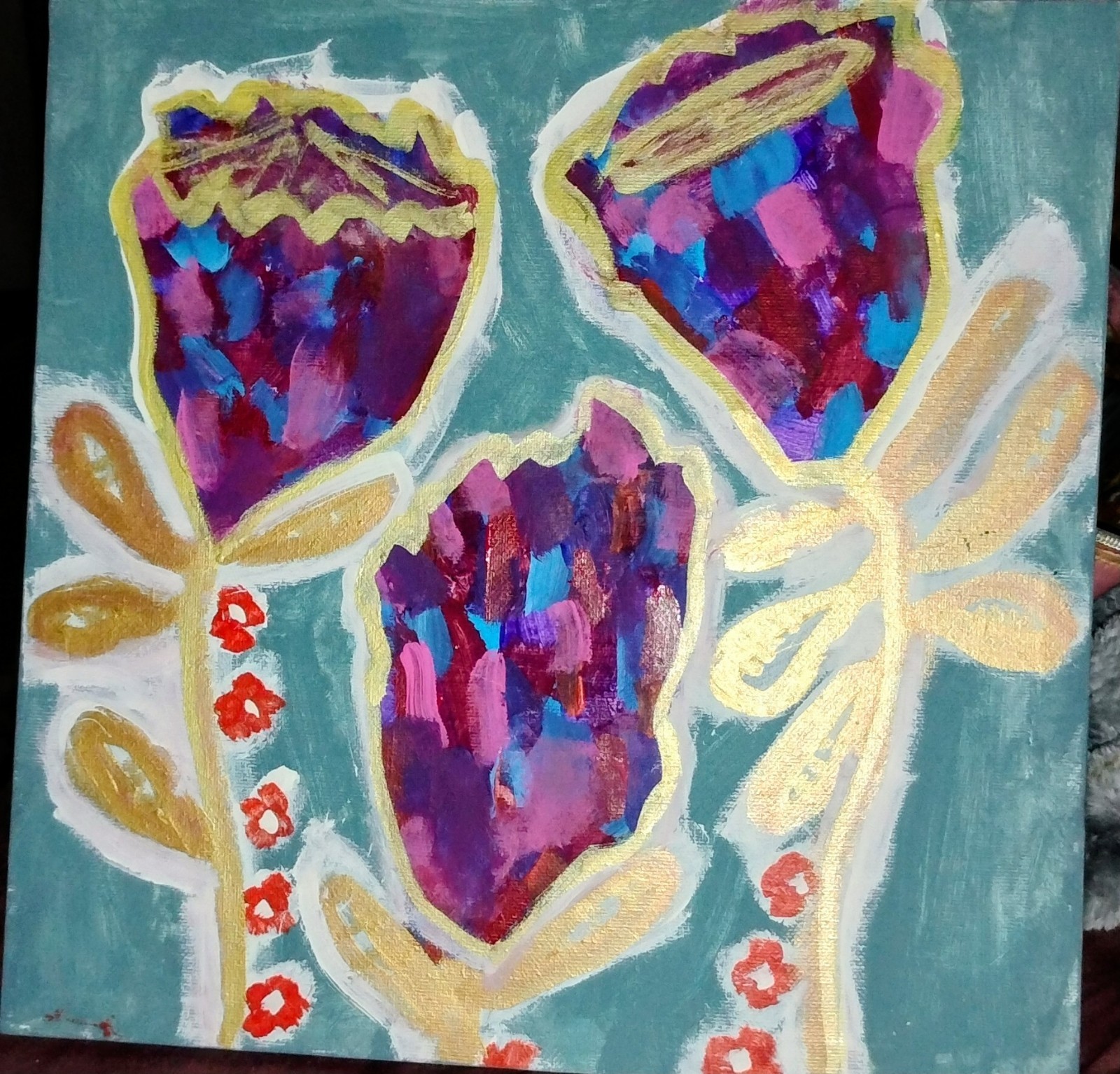 Abstract Purple Flowers on Gray Background ,12×12 original floral painting