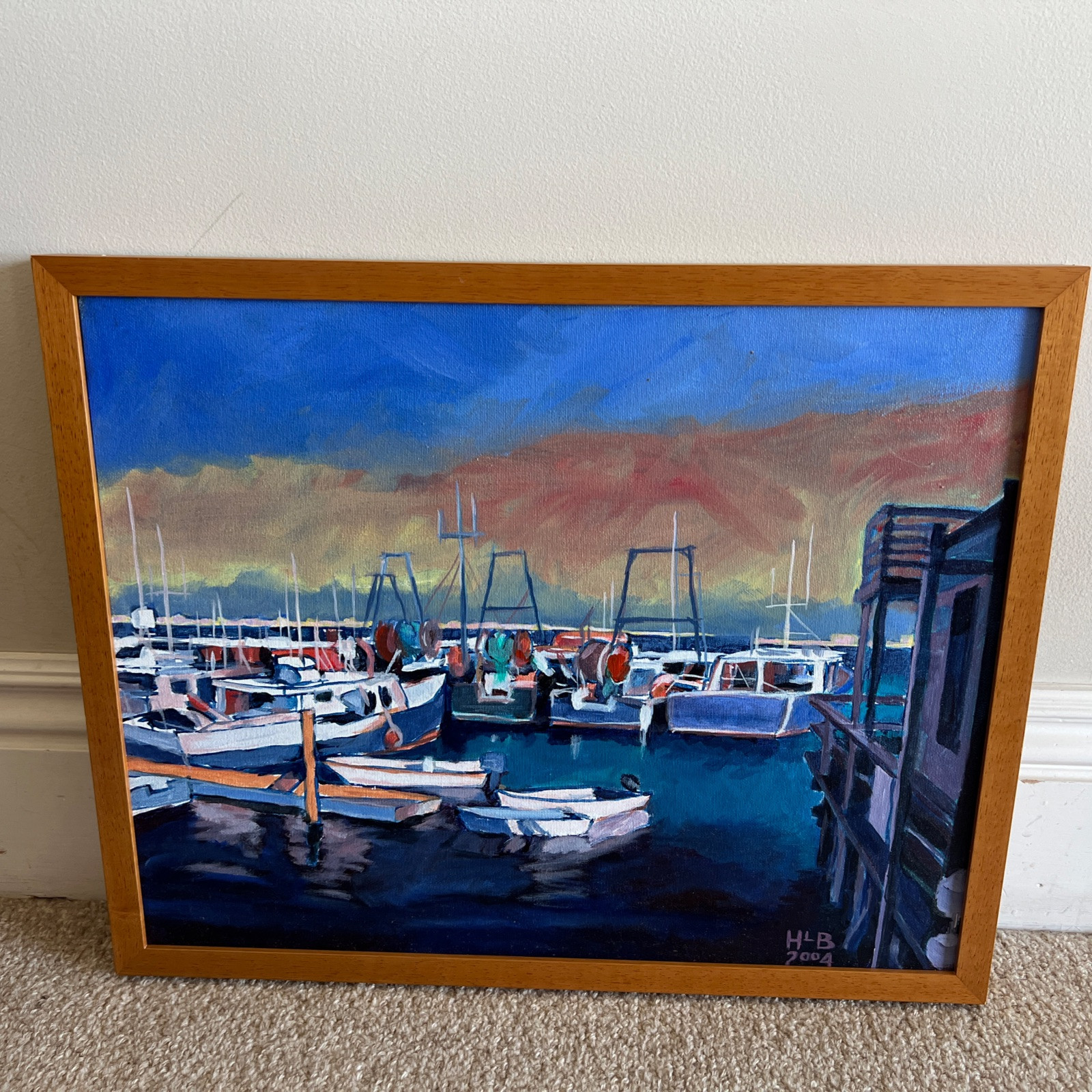 Framed 2004 painting Scituate MA Harbor Town Pier Fishing Boats Lucky Finn HLB