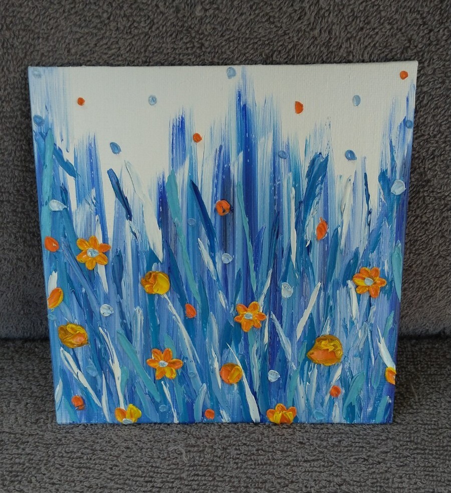 Original Oil Painting IMPASTO WILDFLOWER FIELD textured orange & blue flowers