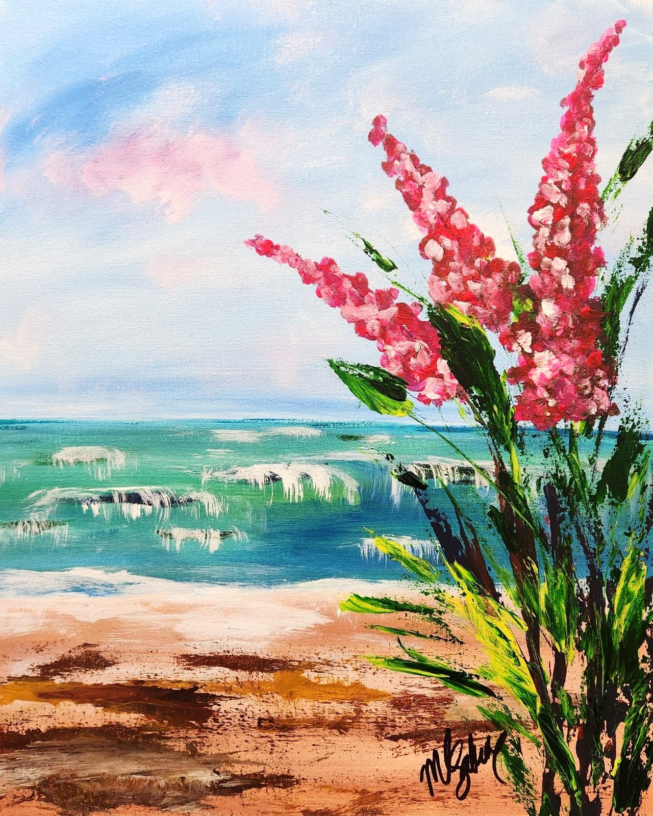 Beach Flower Painting 16×20 Original Coastal Ocean Seascape Wall Art