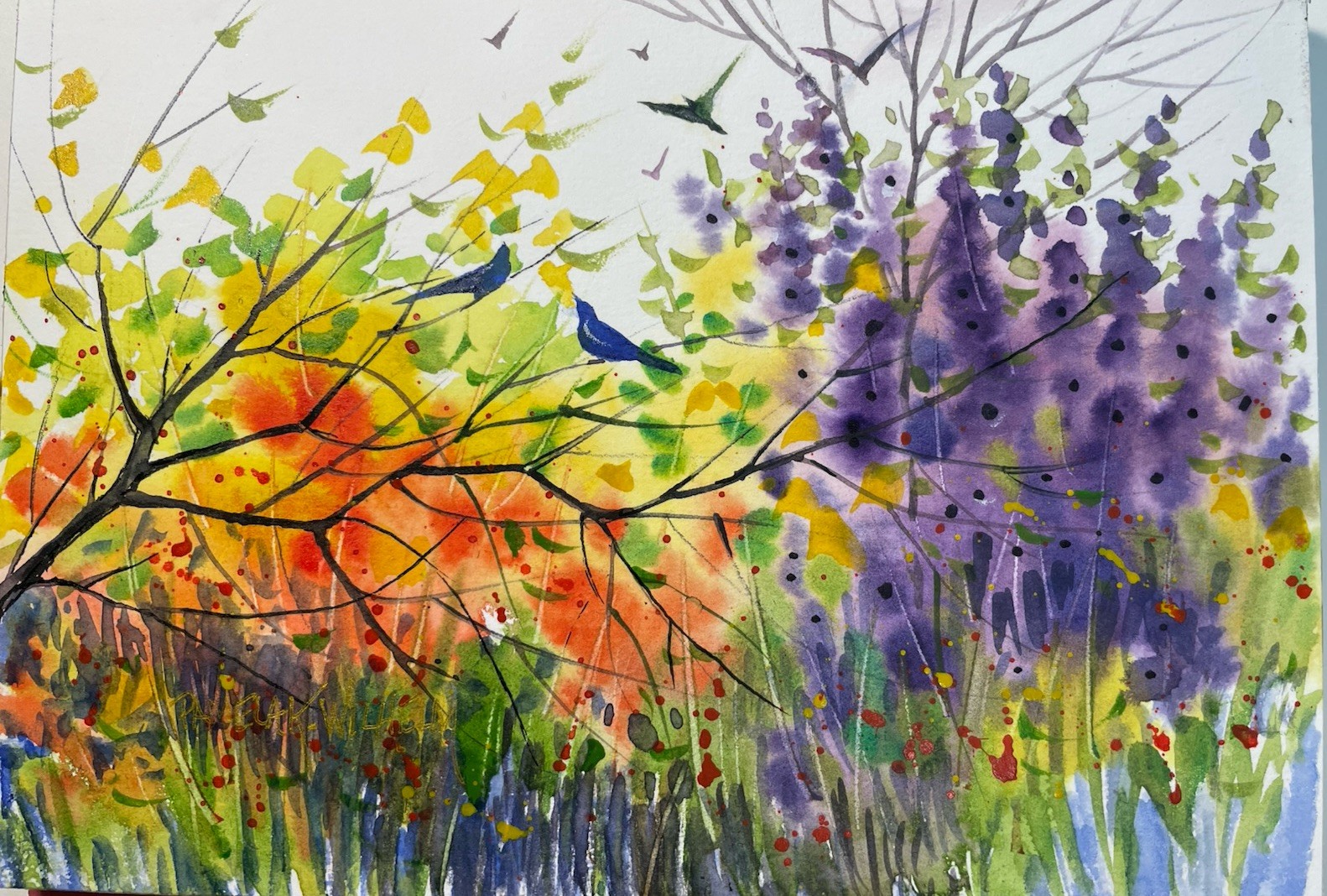 5×7 Pamela Wilhelm Original Watercolor Birds In The Flower Garden Pink Purple