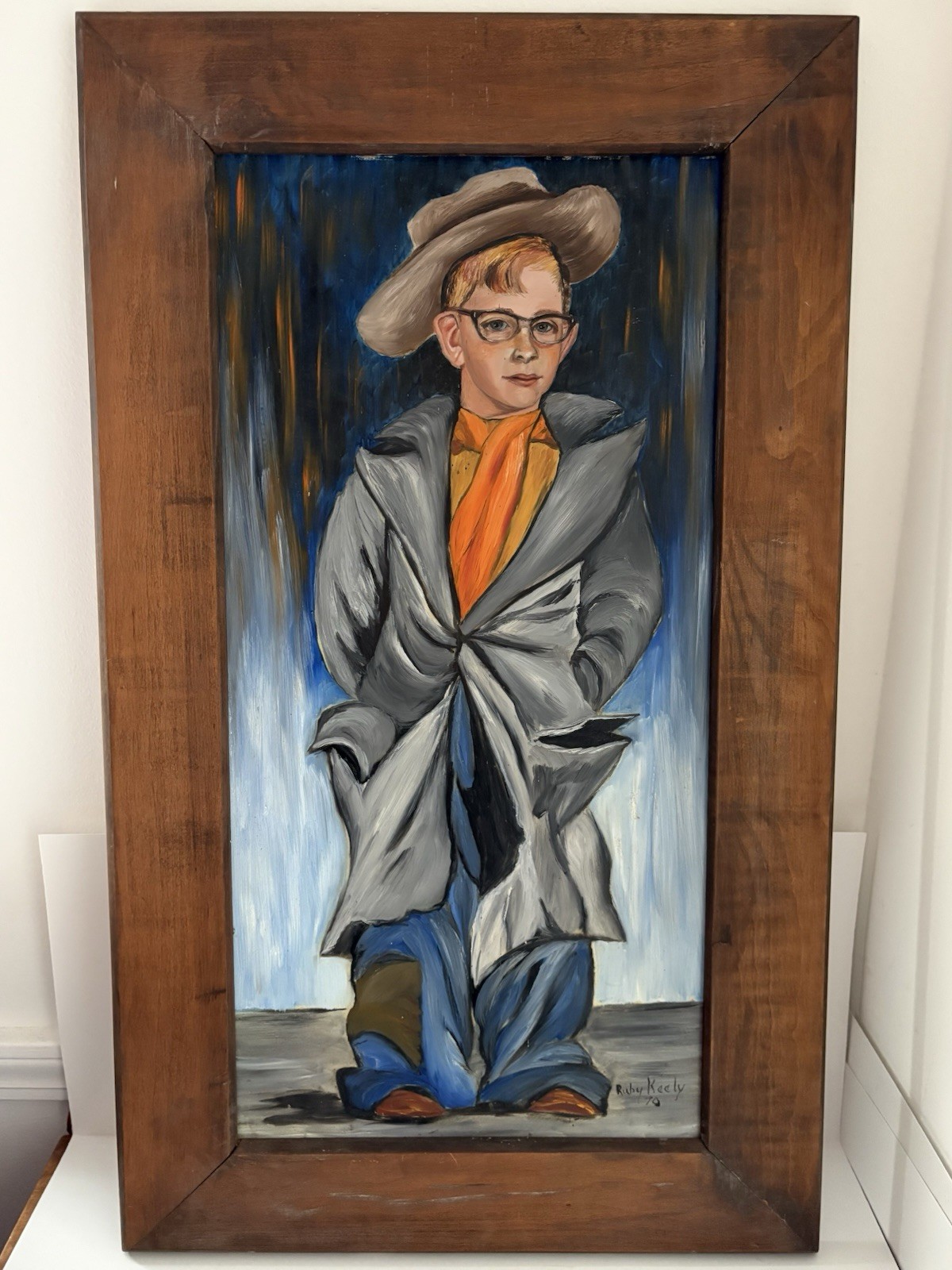 Boy Wearing Mans Coat & Hat Original Oil on Board Painting by Ruby Keely 1970