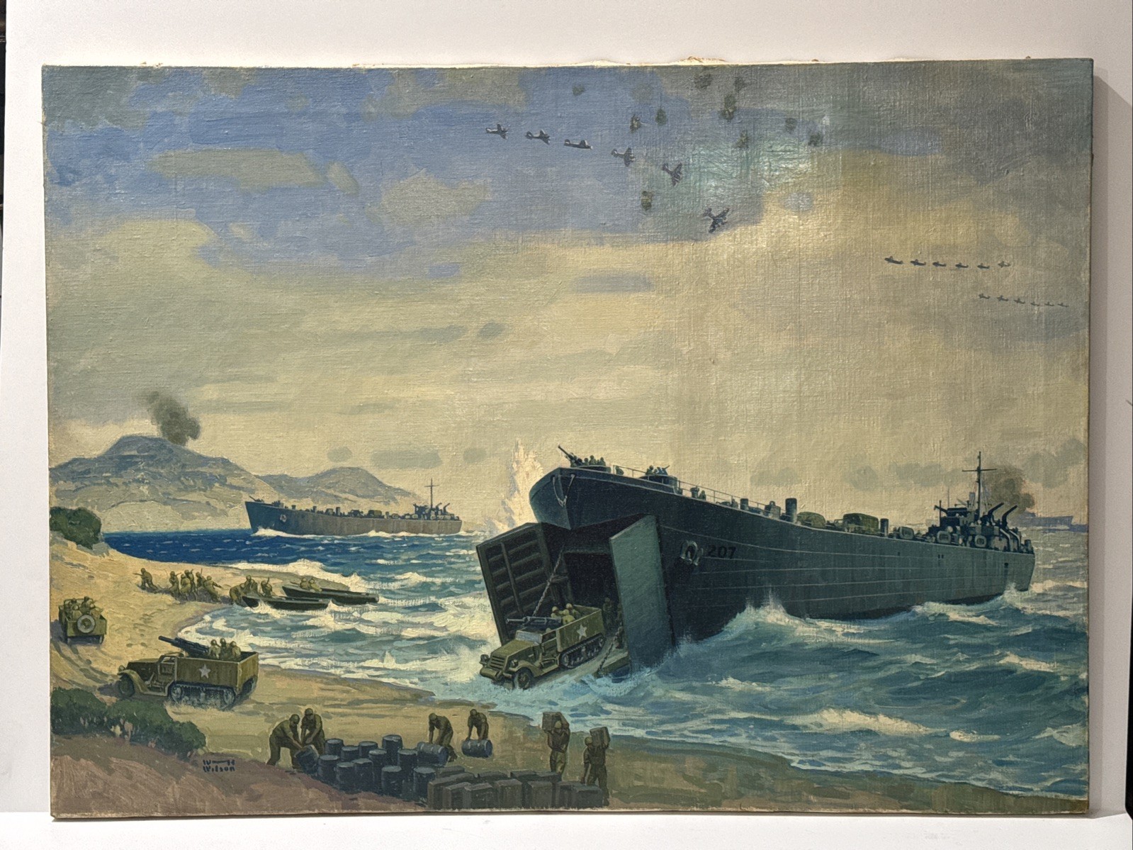 LARGE WORLD WAR PAINTING WW2 ILLUSTRATION OIL SIGNED WILSON ANTIQUE MILITARY 36″