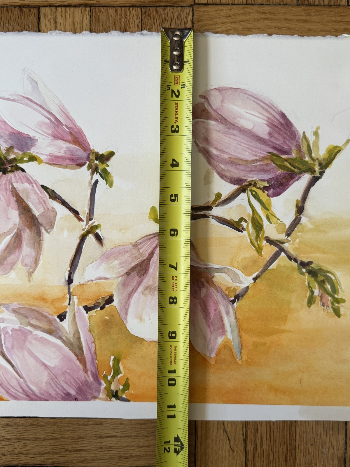 Vintage Watercolor Painting Floral Pink Magnolia Flowers Botanical 11 x 15 OOAK