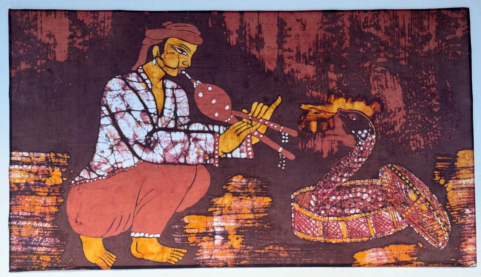 VINTAGE ORIGINAL ASIAN BATIK PAINTING SNAKE CHARMER COBRA INDIA MIDDLE EAST ART