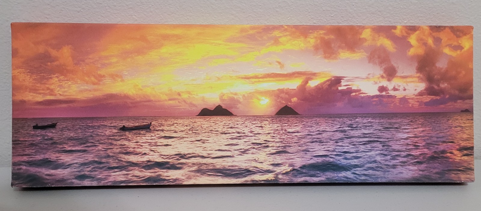 canvas Hawaiian ocean scene 20 x 7 x 1.5 In. Waves Sunset Mountains
