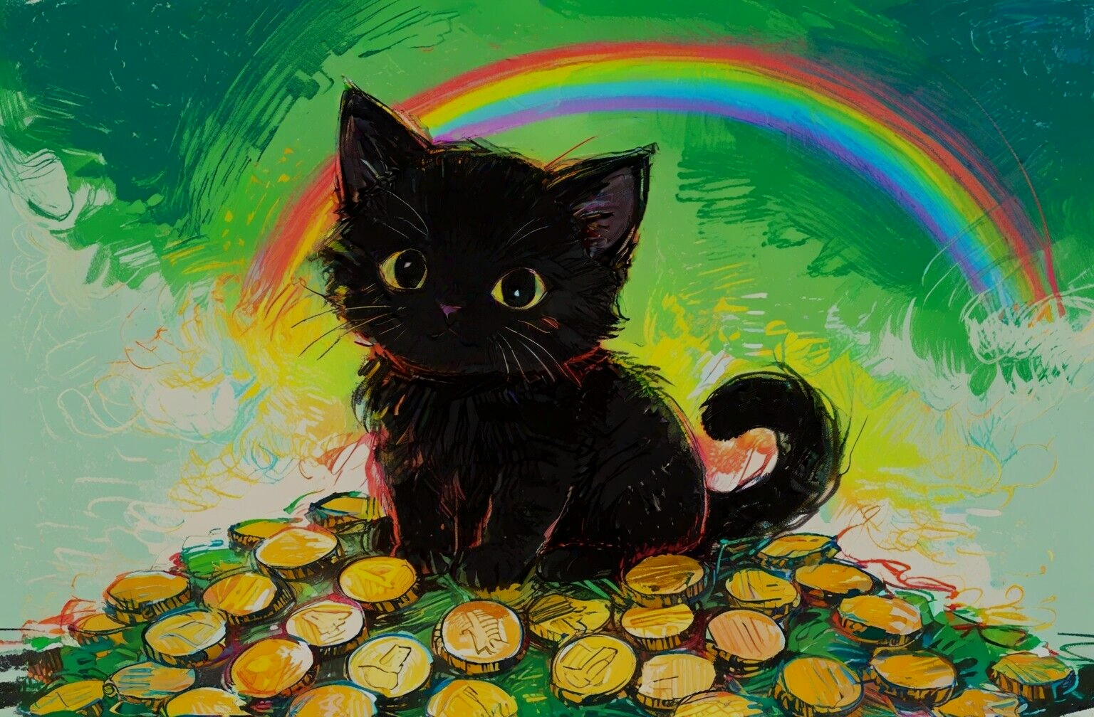 ACEO Mini Tiny *ART PRINT* Black Baby Cat Irish Gold Coins Rainbow Lucky Charm