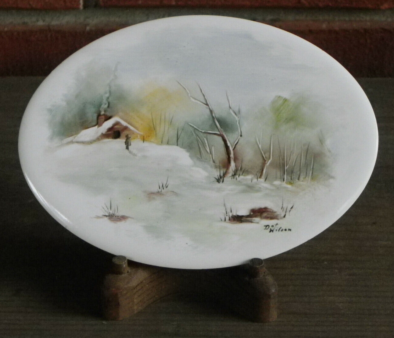 6″ Oval Porcelain Tile-H & R Johnson-Signed Painted Winter Scene-With Wood Stand