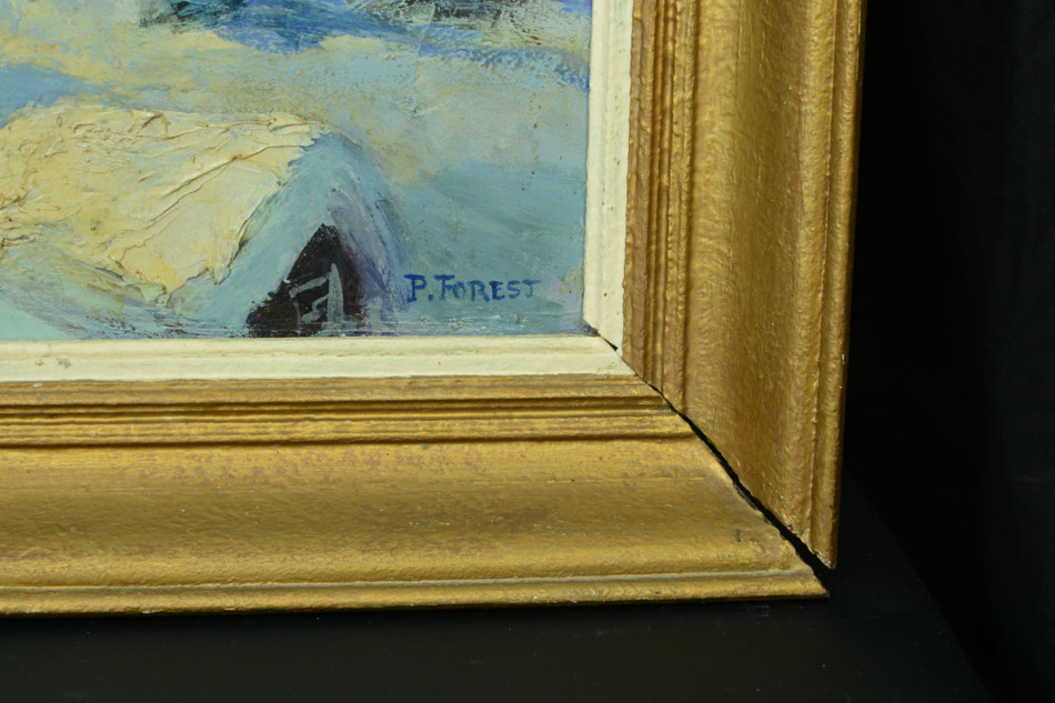 Painting Antique Hsp Landscape Mountain Summit Snowy Alps Signed Forest 1930