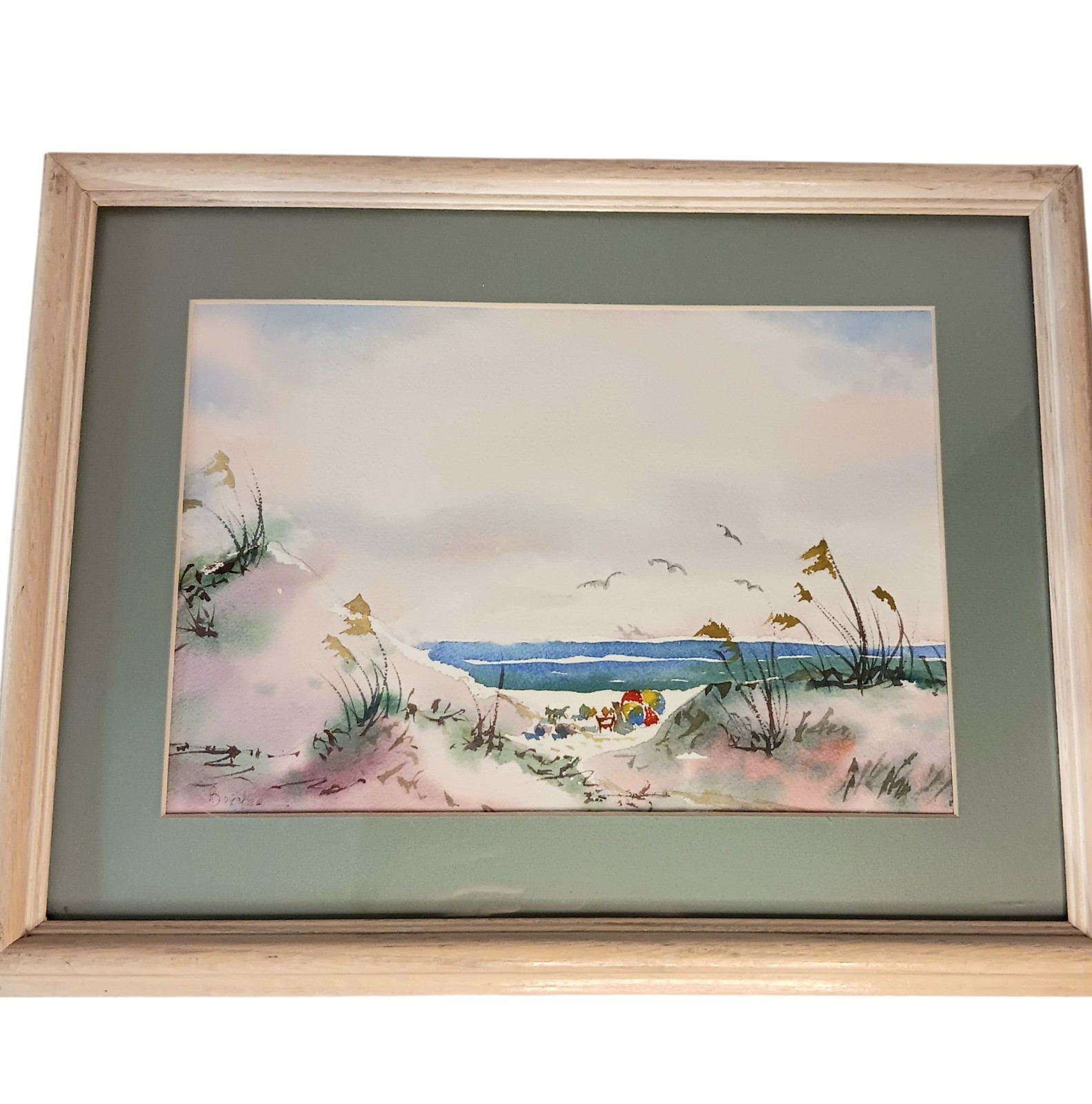 Vintage Watercolor Beach Scene Seagulls Beach Ball Green Pink Blue 18″ x 14″