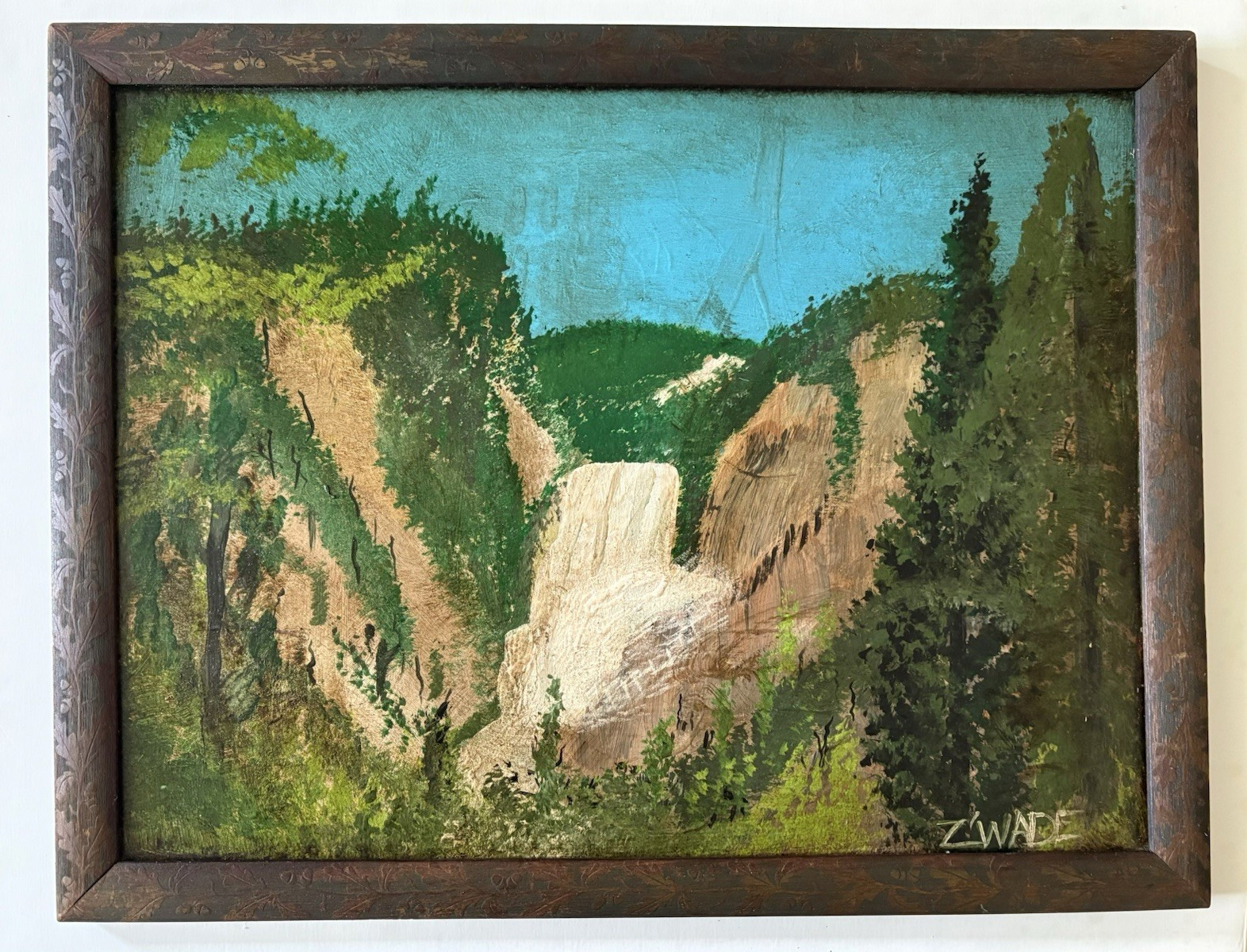 Signed Z Wade / Oil on Board Primative Waterfall Painting 13.5 x 17.5 In.